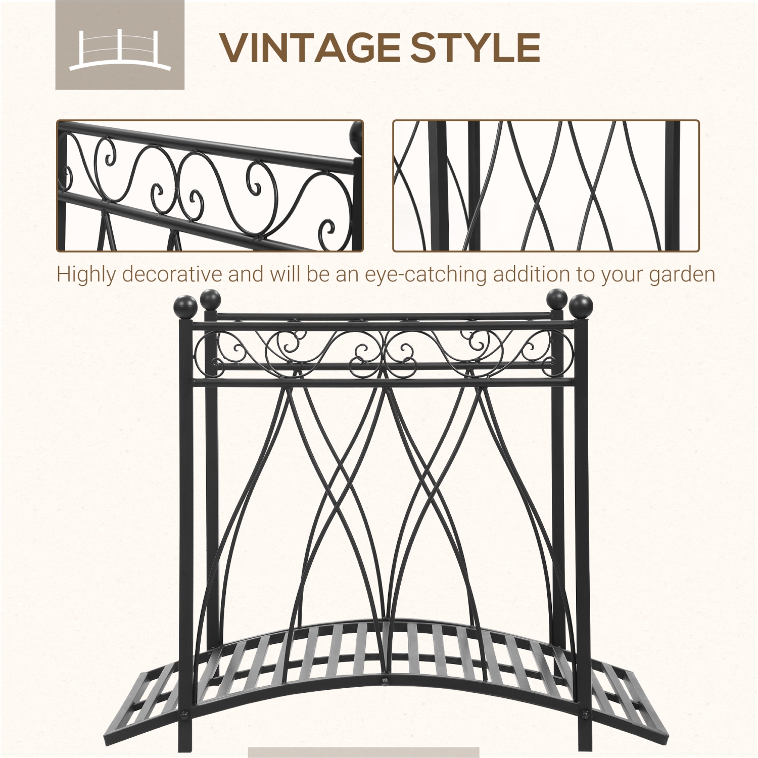 Outsunny – pont de jardin classique de 3,3 pi avec rampes de sécurité, pont décoratif pour bassin aux pieds Arc pour ruisseau d’extérieur, noir