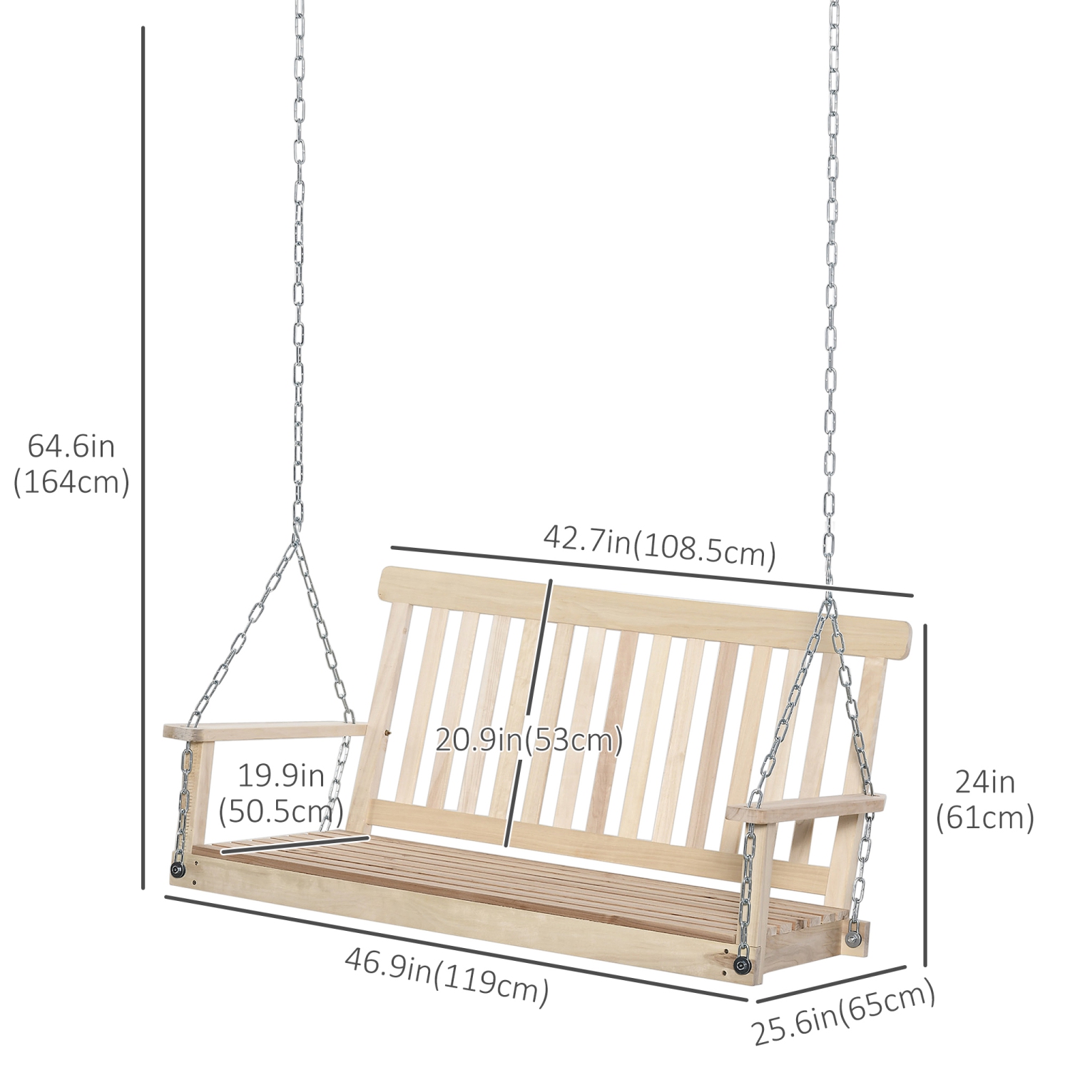 Outsunny 2 Person Wooden Porch Swing, Patio Swing Chair with Hanging Chains, Slatted Back & Seat, Outdoor Swing Bench for Garden, Backyard, Deck,