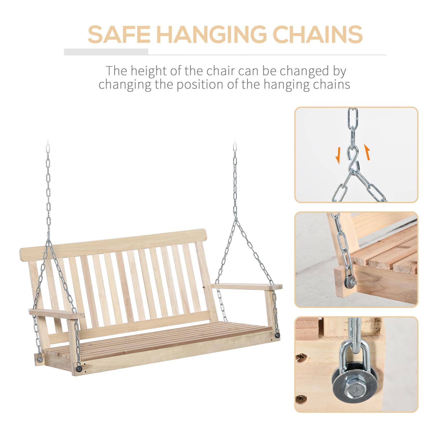 Outsunny 2 Person Wooden Porch Swing, Patio Swing Chair with Hanging Chains, Slatted Back & Seat, Outdoor Swing Bench for Garden, Backyard, Deck,