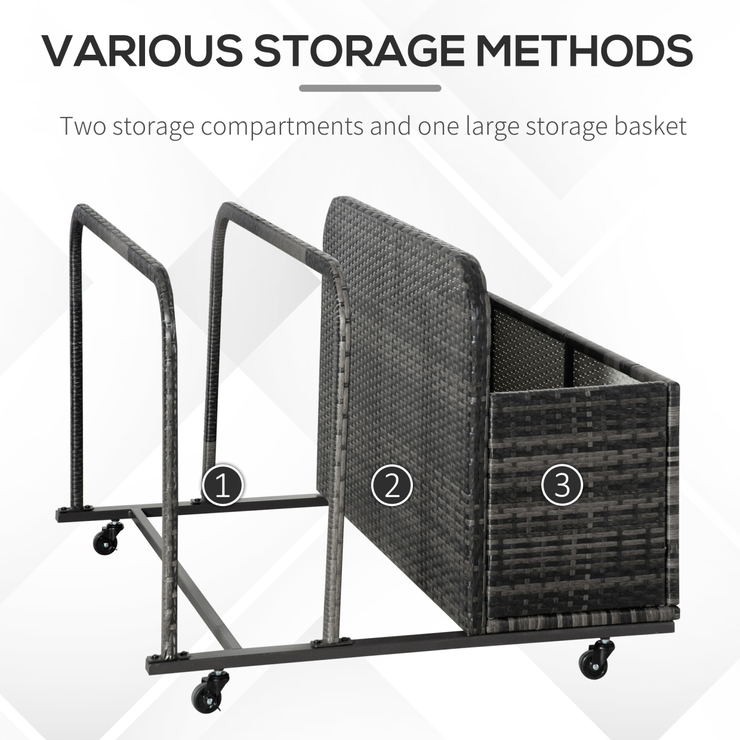 Outsunny Rolling Pool Storage Rattan Patio Furniture Outdoor Storage Wicker Organizer for Floats, Pool Noodles, Paddles, Balls, Towels, Accessories