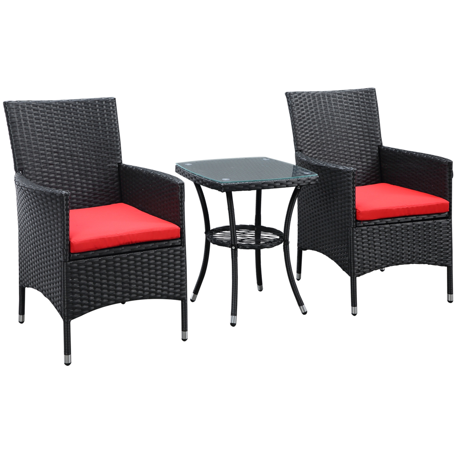 Ensemble de 3 meubles de patio en osier Outsunny, ensemble bistro en rotin avec table basse et coussins en verre, ensemble de détente extérieur pour