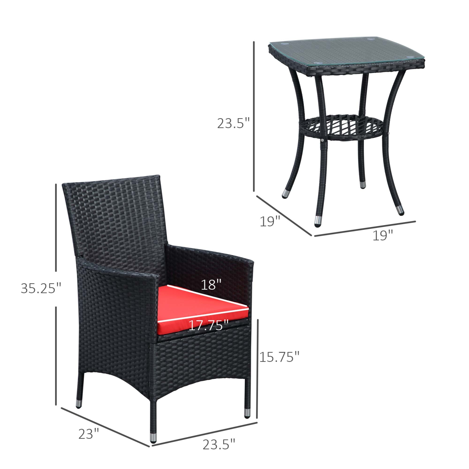 Ensemble de 3 meubles de patio en osier Outsunny, ensemble bistro en rotin avec table basse et coussins en verre, ensemble de détente extérieur pour