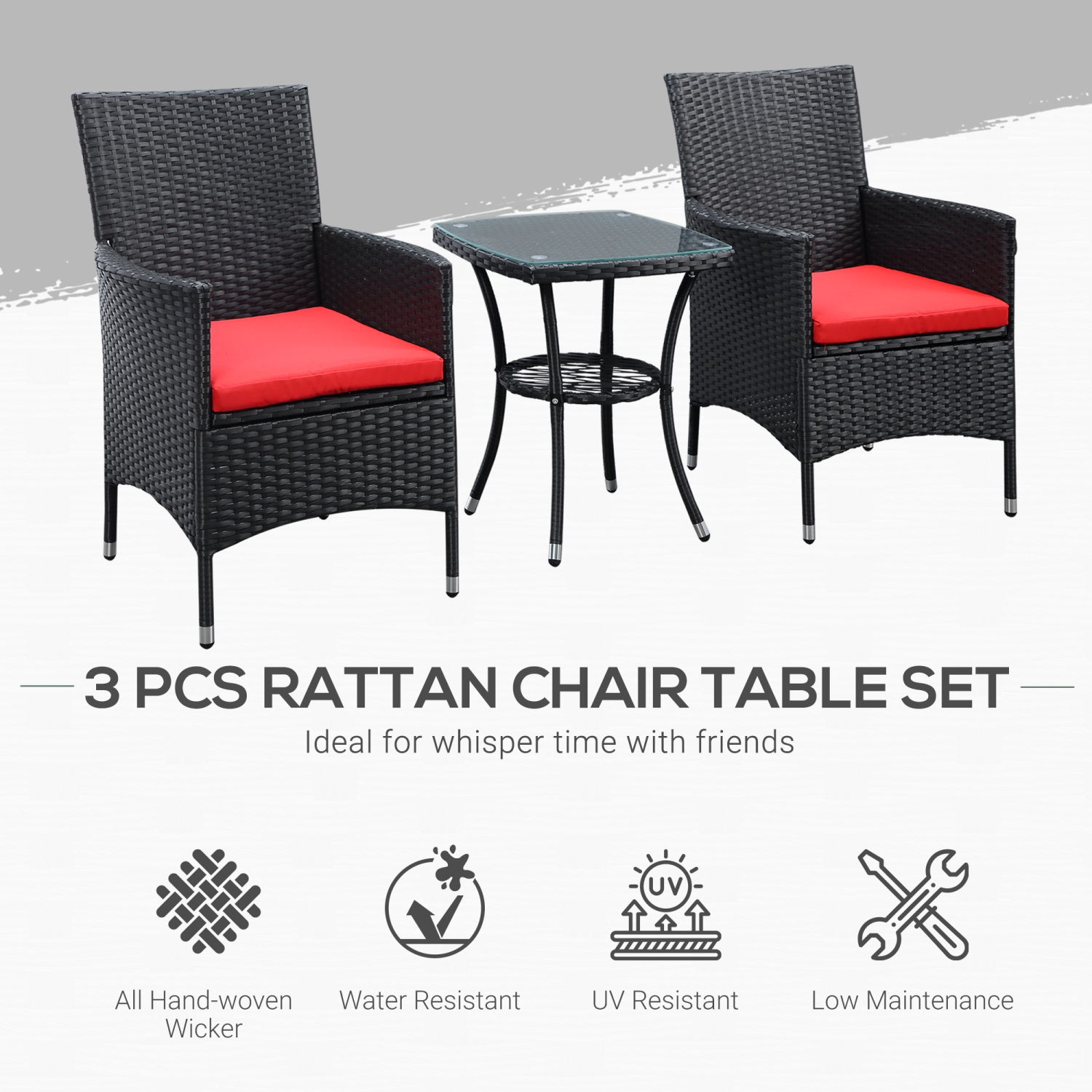 Ensemble de 3 meubles de patio en osier Outsunny, ensemble bistro en rotin avec table basse et coussins en verre, ensemble de détente extérieur pour