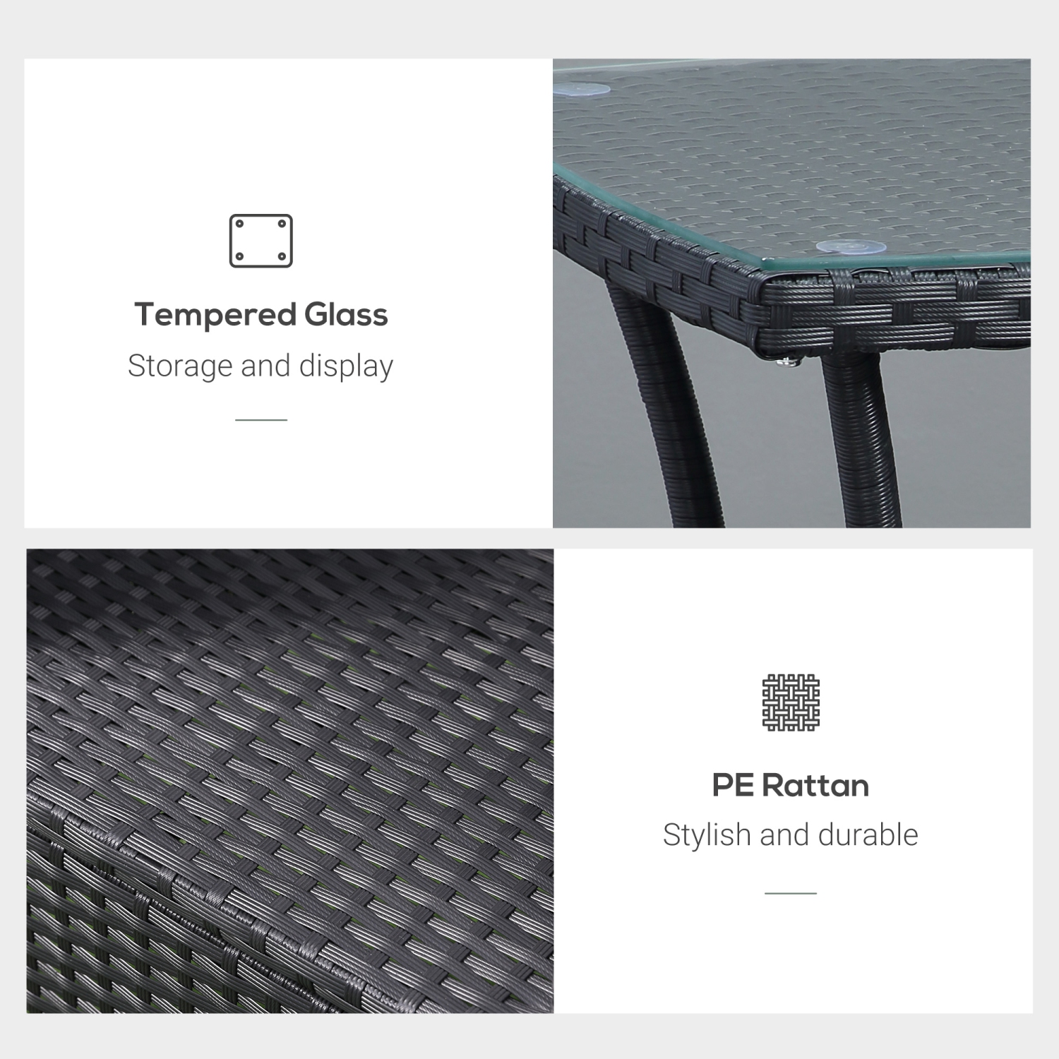 Ensemble de 3 meubles de patio en osier Outsunny, ensemble bistro en rotin avec table basse et coussins en verre, ensemble de détente extérieur pour