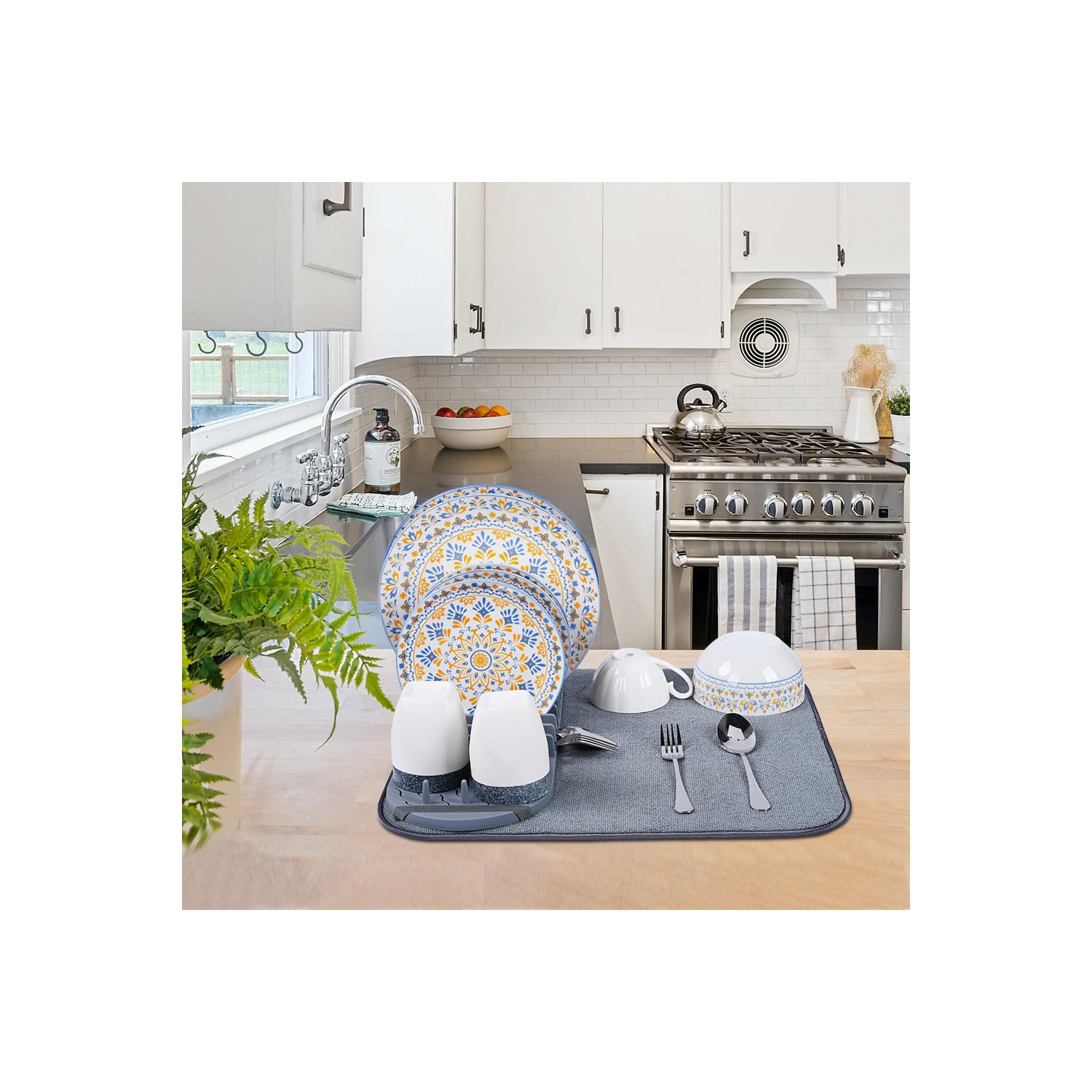 Tapis de séchage de vaisselle en microfibre de cuisine, tampon de vidange de vaisselle de comptoir pliable avec support amovible