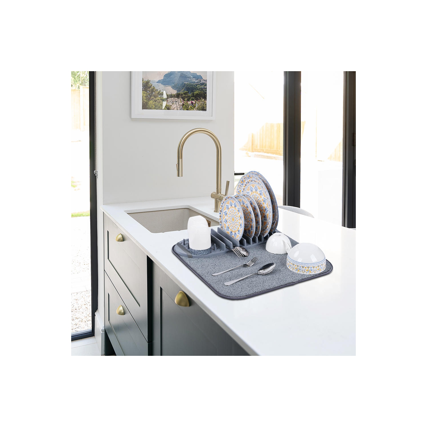 Tapis de séchage de vaisselle en microfibre de cuisine, tampon de vidange de vaisselle de comptoir pliable avec support amovible