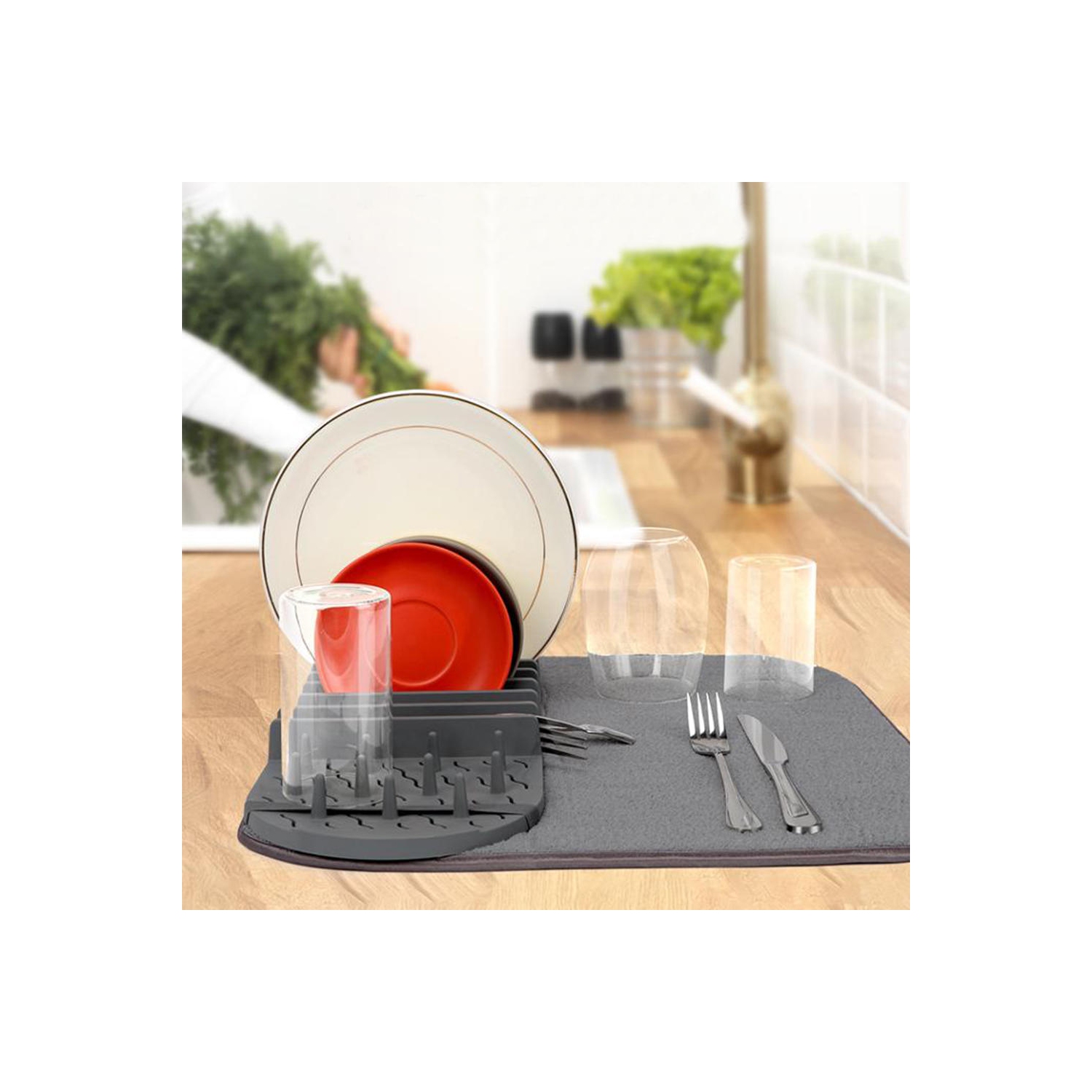 Tapis de séchage de vaisselle en microfibre de cuisine, tampon de vidange de vaisselle de comptoir pliable avec support amovible