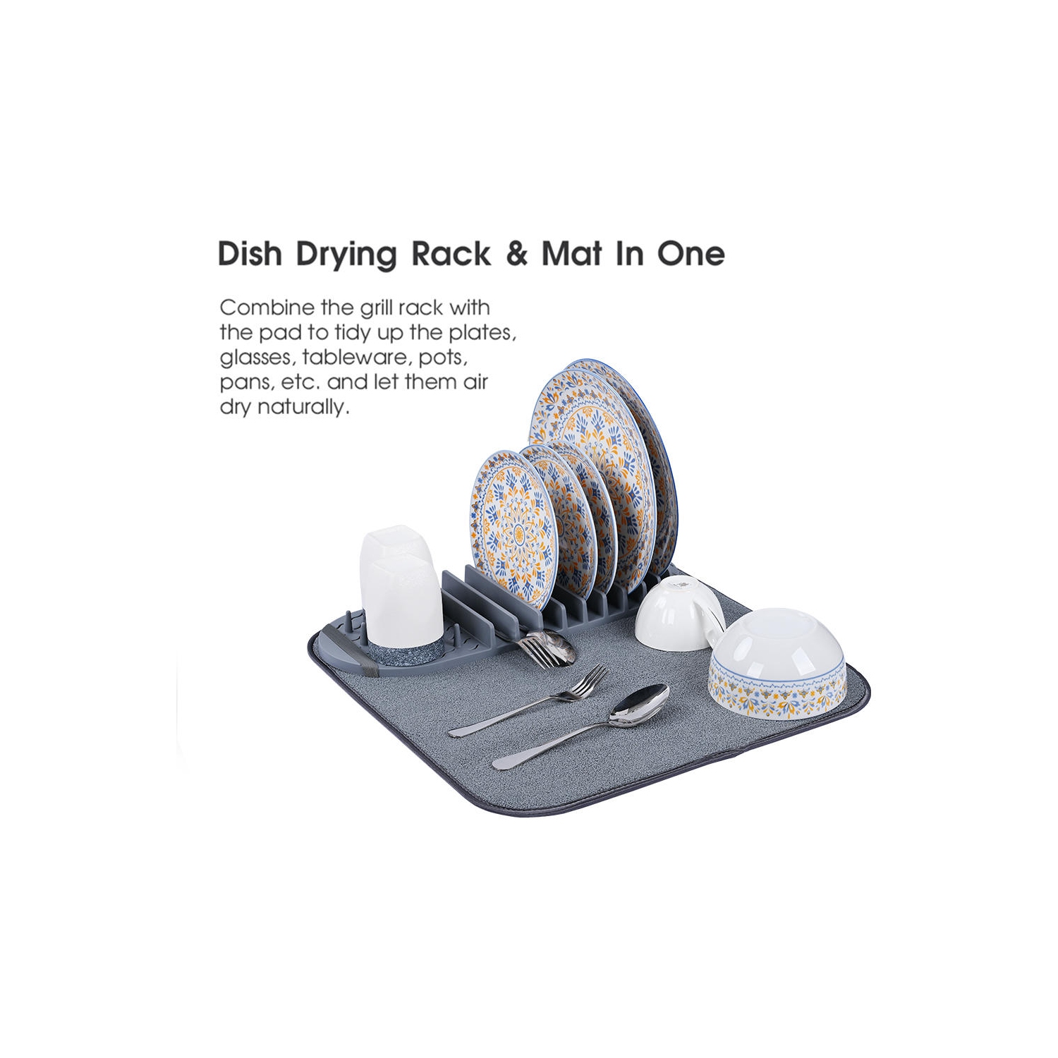 Tapis de séchage de vaisselle en microfibre de cuisine, tampon de vidange de vaisselle de comptoir pliable avec support amovible