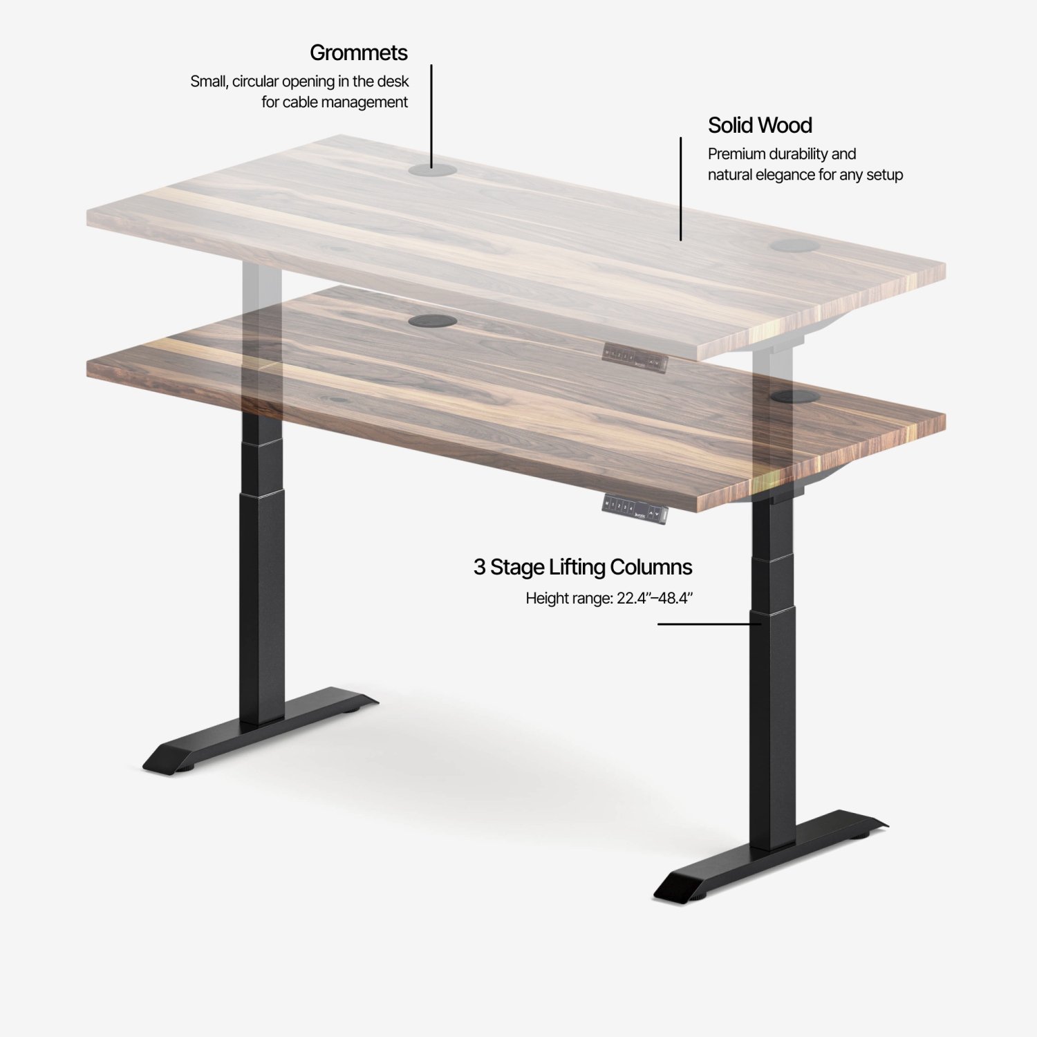 burotic Solid Wood Sit-Stand Desk – Electric Height Adjustable with Dual Motor – Solid Walnut Top – Black Frame – 30" x 72"