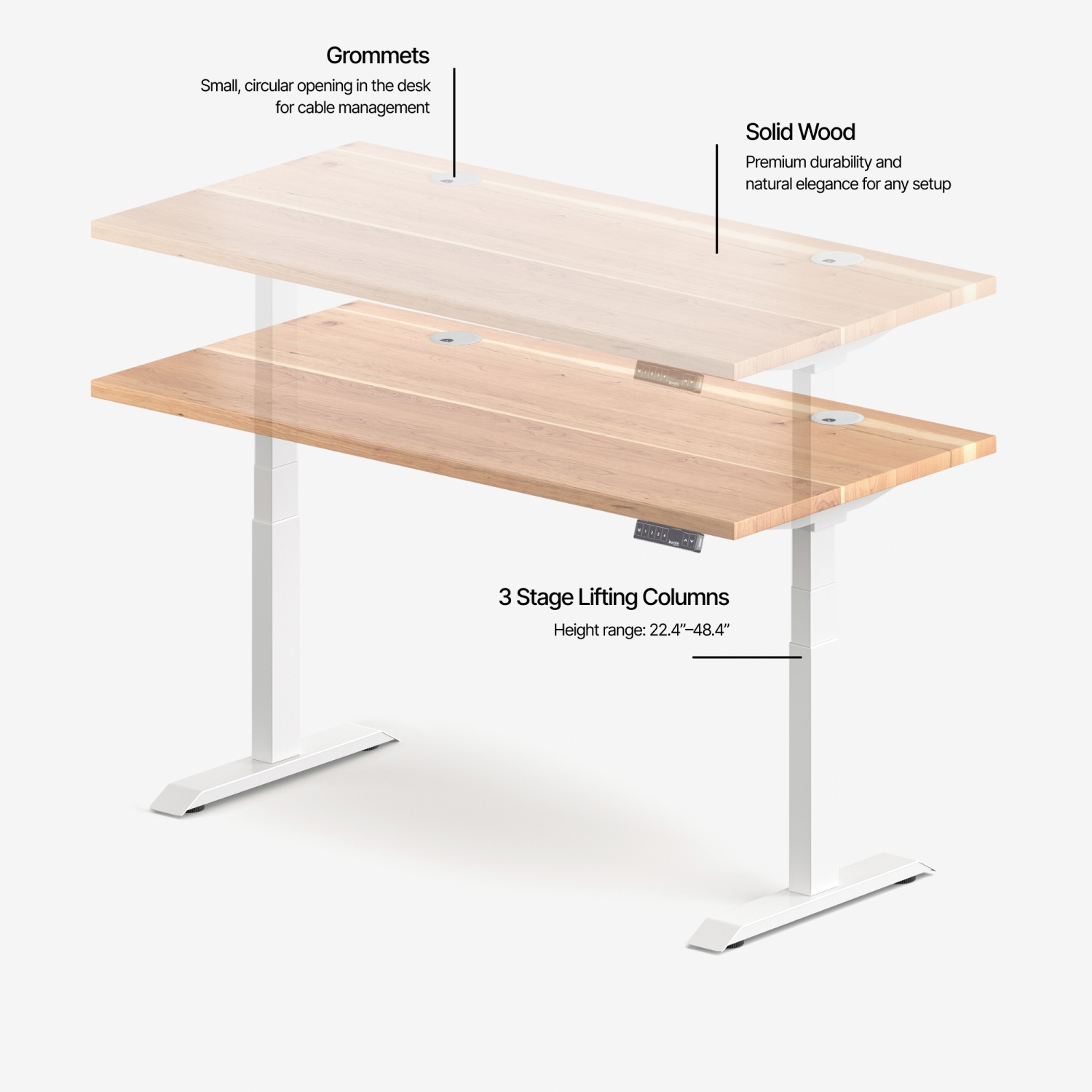 burotic Solid Wood Sit-Stand Desk – Electric Height Adjustable with Dual Motor – Solid Cherry Top – White Frame – 30" x 72"