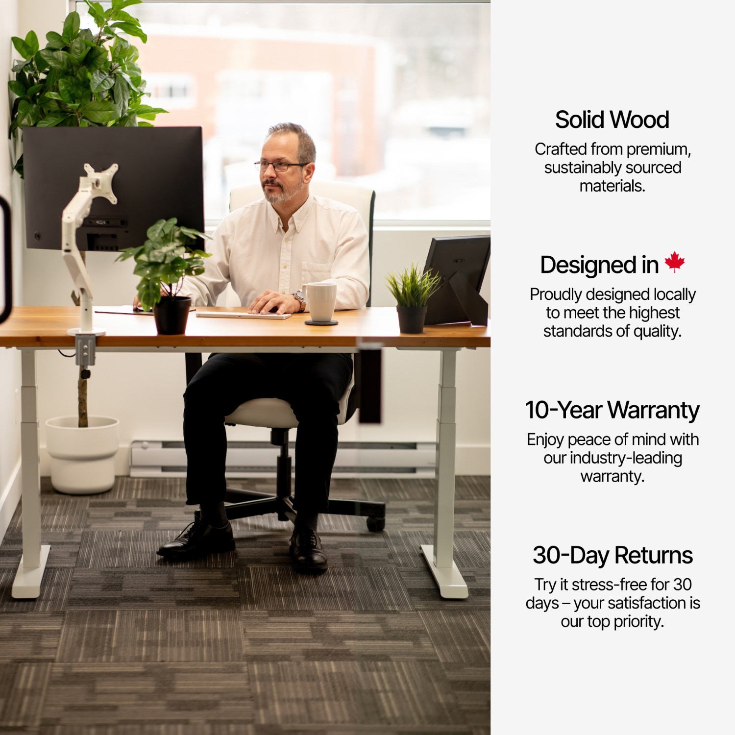 burotic Solid Wood Sit-Stand Desk – Electric Height Adjustable with Dual Motor – Solid Cherry Top – White Frame – 30" x 72"