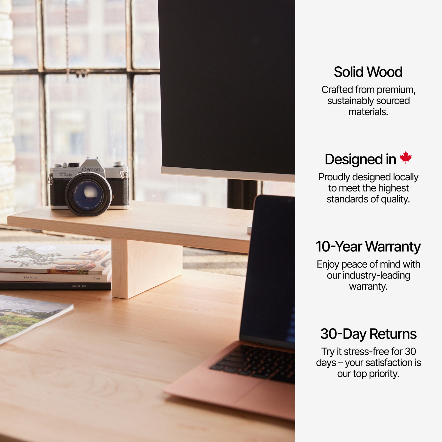 burotic Solid Wood Sit-Stand Desk – Electric Height Adjustable with Dual Motor – Solid Maple Top – White Frame – 30" x 72"