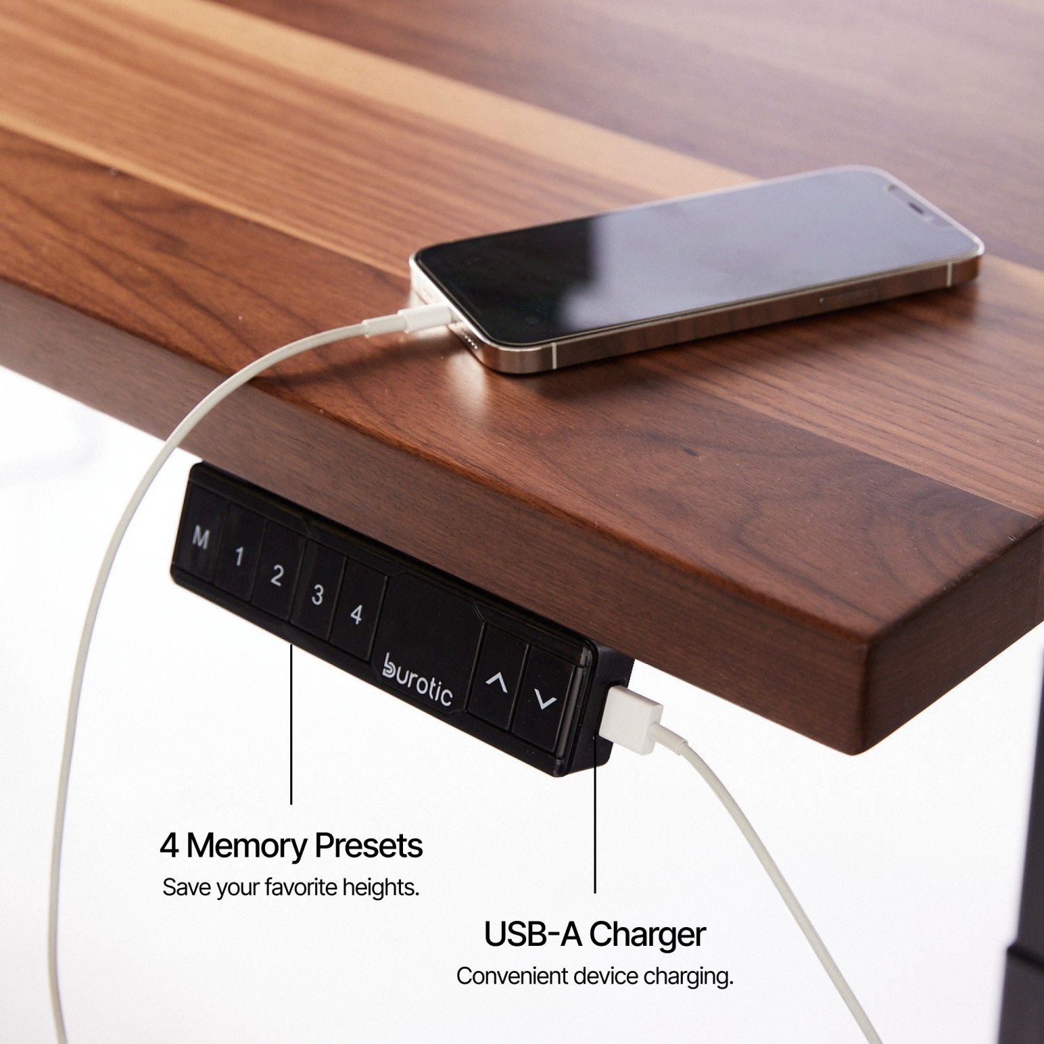 burotic Solid Wood Sit-Stand Desk – Electric Height Adjustable with Dual Motor – Solid Walnut Top – White Frame – 30" x 72"