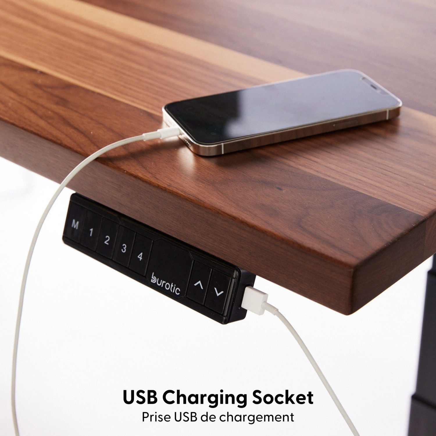 burotic Solid Wood Sit-Stand Desk – Electric Height Adjustable with Dual Motor – Solid Walnut Top – White Frame – 24" x 48"