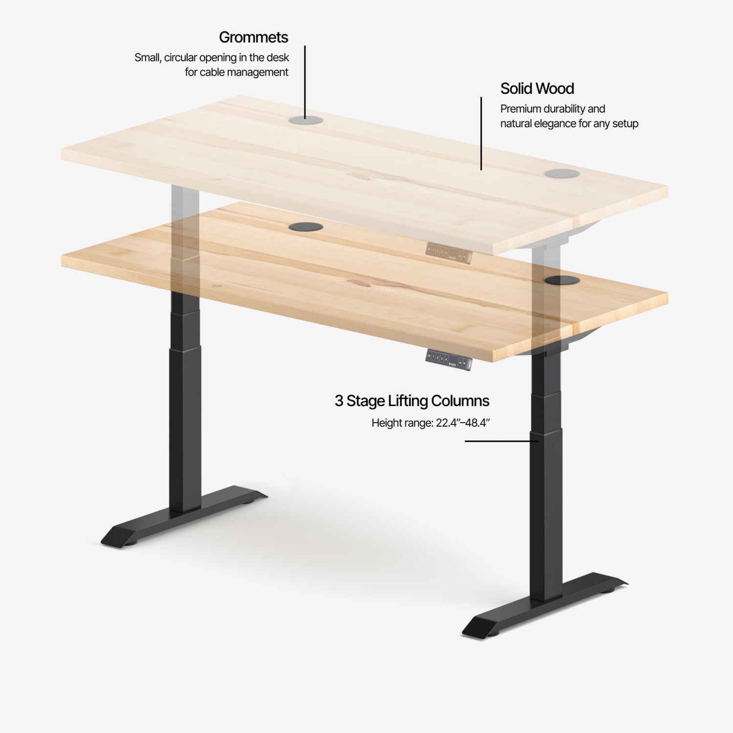 burotic Solid Wood Sit-Stand Desk – Electric Height Adjustable with Dual Motor – Solid Maple Top – Black Frame – 30" x 72"