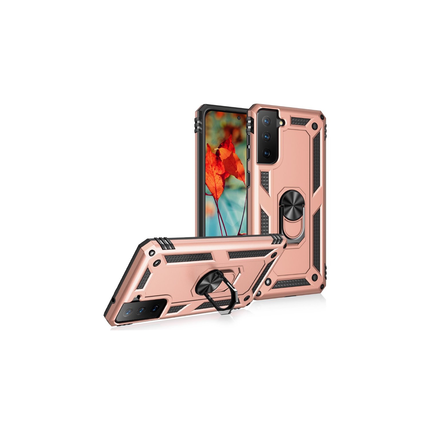 【CSmart】 Étui de béquille magnétique hybride anti-chute avec support pour anneau pour Samsung Galaxy S22, Or rose