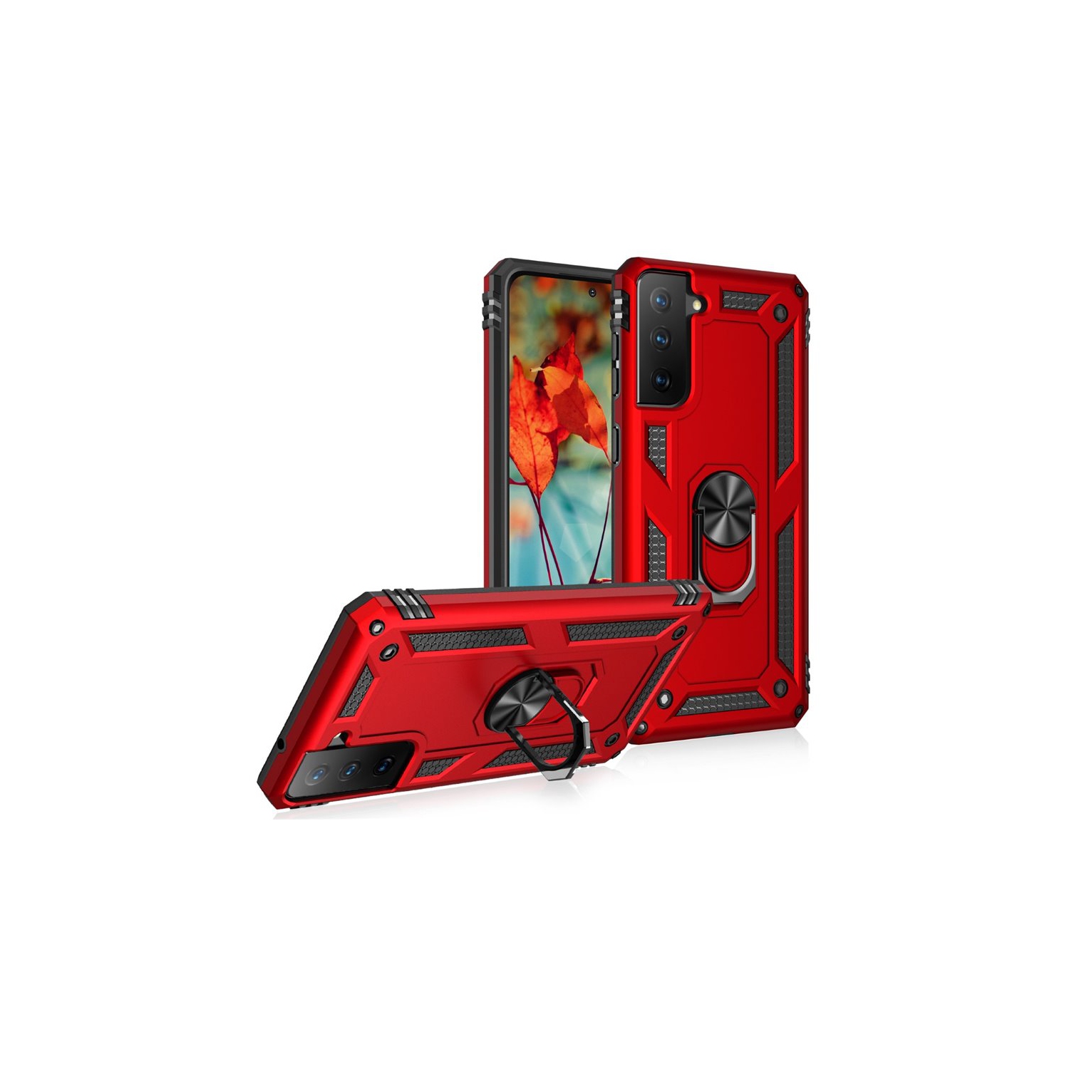 【CSmart】 Anti-Drop Hybrid Magnetic Hard Armor Kickstand Case with Ring Holder for Samsung Galaxy S22, Red