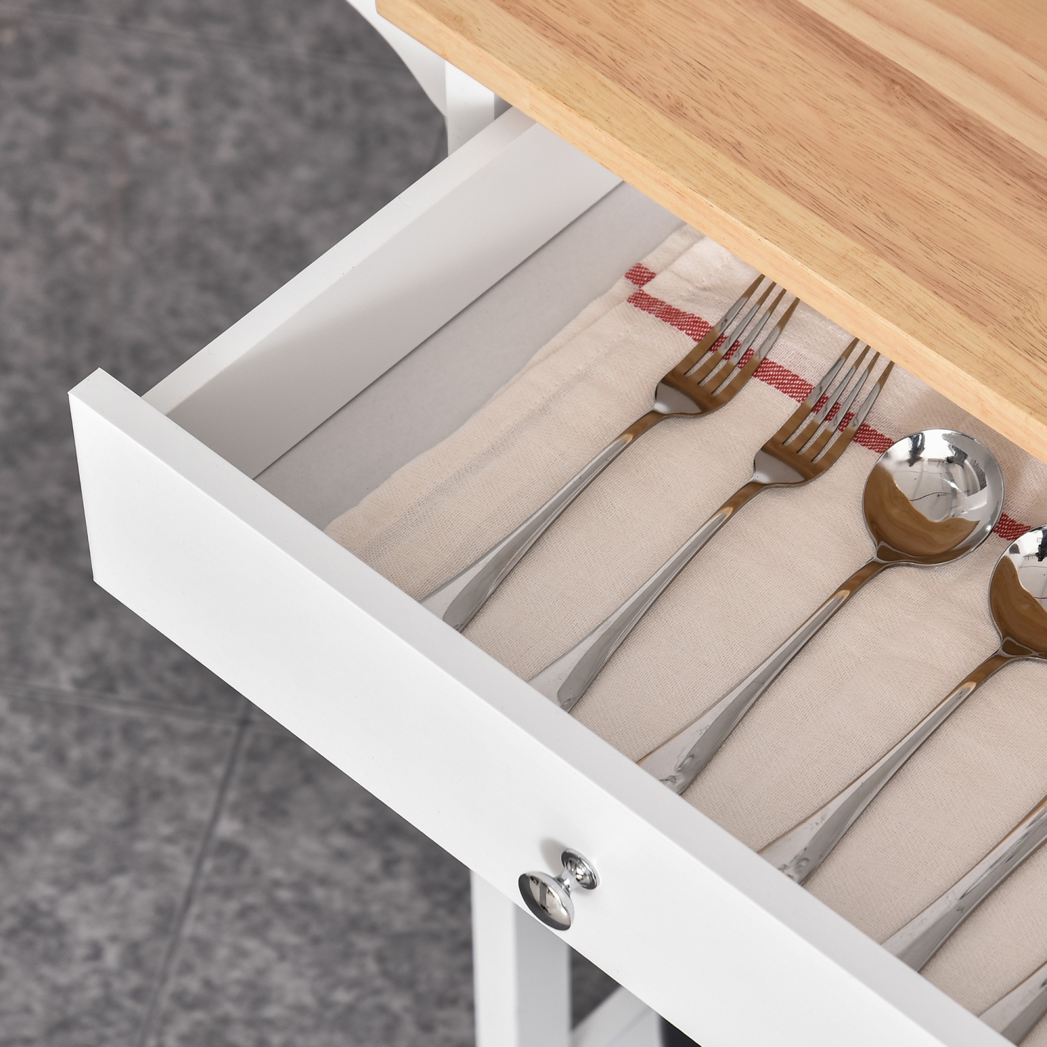 Chariot de cuisine roulant avec rangement, chariot à café sur roulettes en bois, petit îlot de cuisine avec armoire, tiroir, 3 tablettes ouvertes et