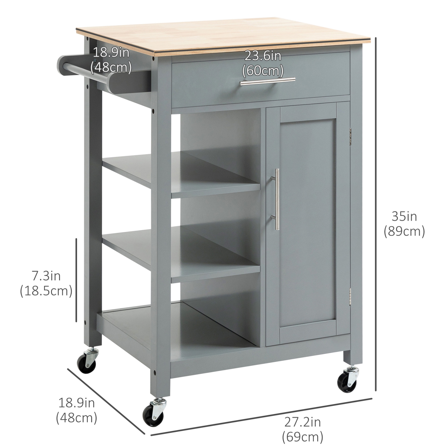HOMCOM Kitchen Island, Compact Kitchen Cart on Wheels with Open Shelf & Storage Drawer for Dining Room, Kitchen, Grey