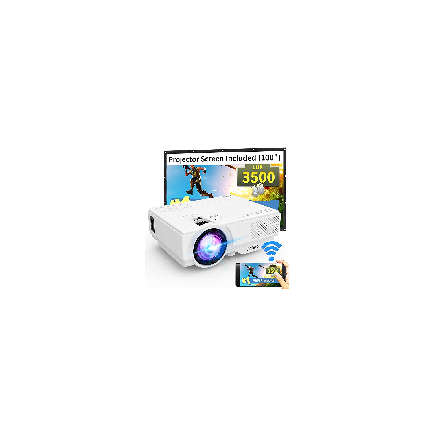 Jinhoo Mini Overhead Projector Full HD 1080P Supported, Home Theater with 176'' Projection Size with 100" Projector Screen - Open Box