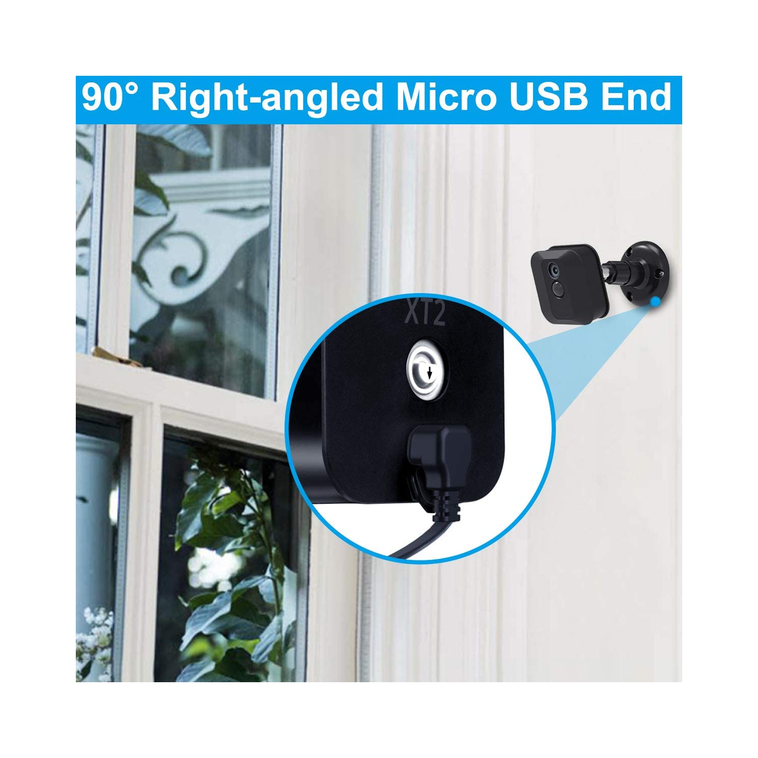 30 FT Blink XT XT2 Micro USB Cable with Charger Adapter, Charger Brick and Right Angled 90 Degree Micro USB End Charging Cord, Outdoor Waterproof