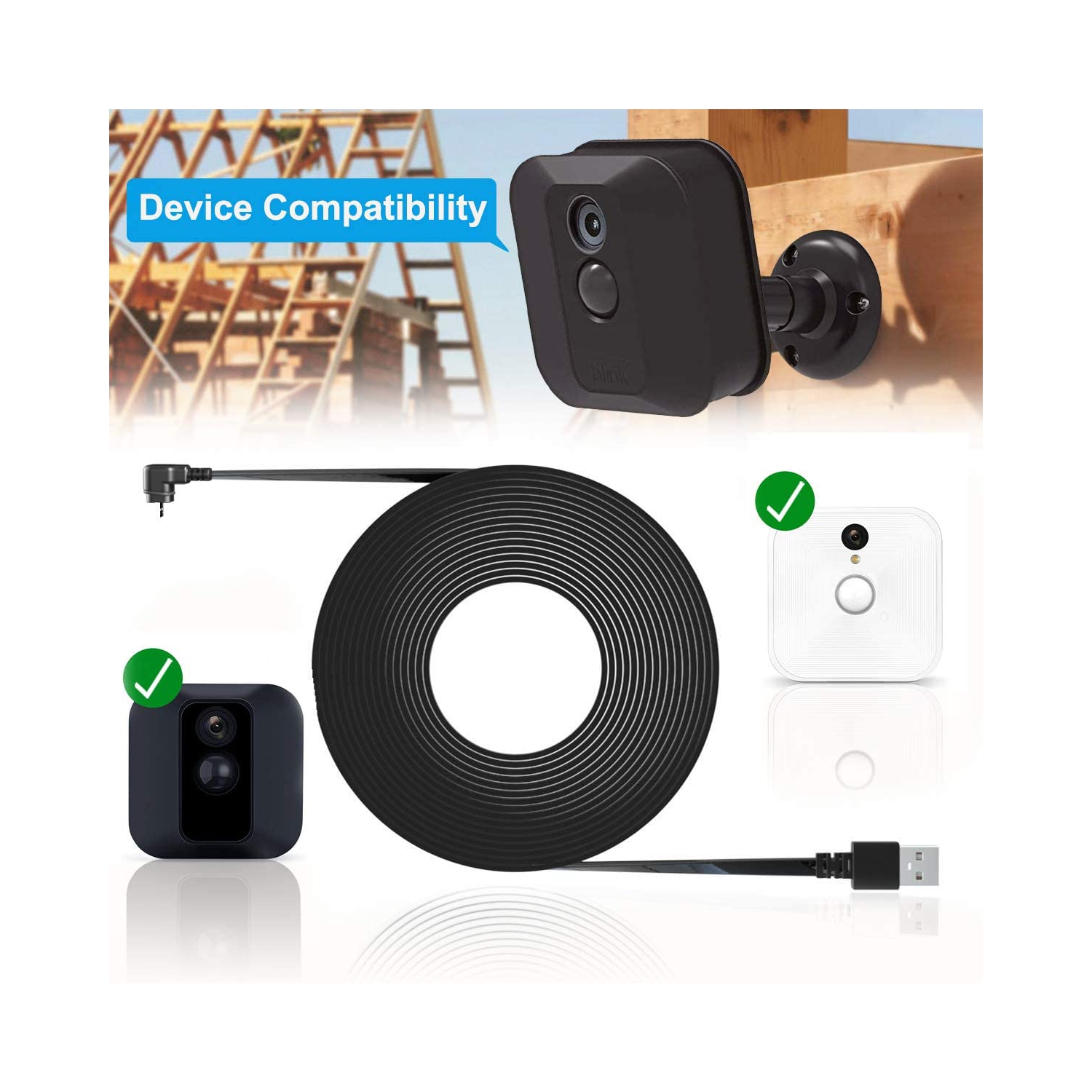 30 FT Blink XT XT2 Micro USB Cable with Charger Adapter, Charger Brick and Right Angled 90 Degree Micro USB End Charging Cord, Outdoor Waterproof