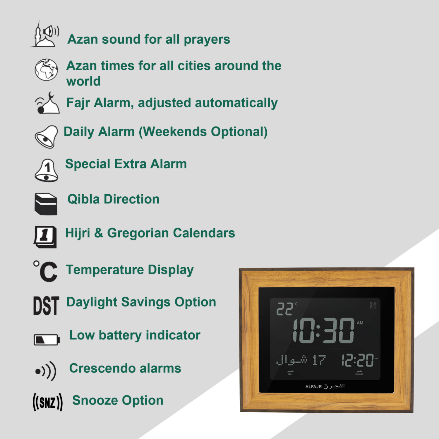 Alfajr CF-19 Black Nimaz Clock with Detachable Azan Clock PS Frame - Light Brown
