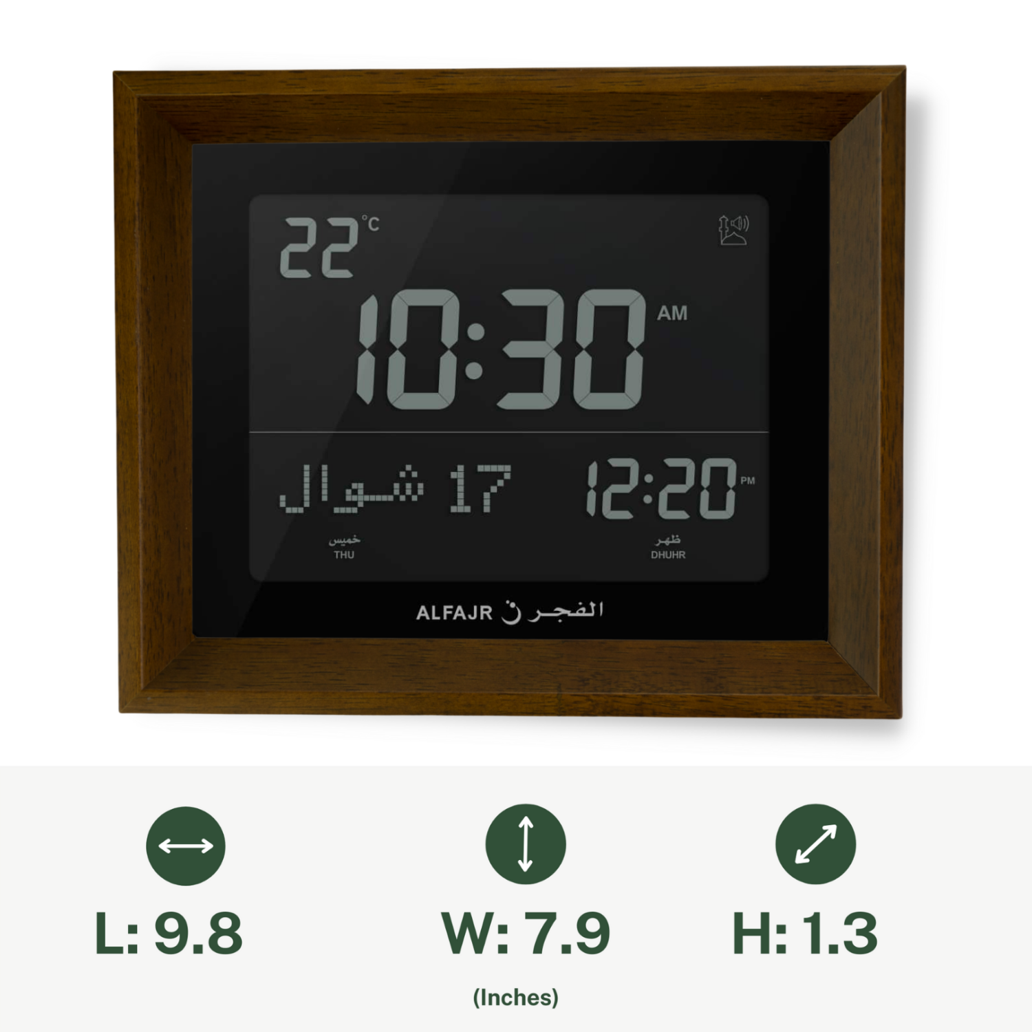 Alfajr CF-19 Black Clock with Detachable Azan Clock Solid Wood Dark Brown Frame