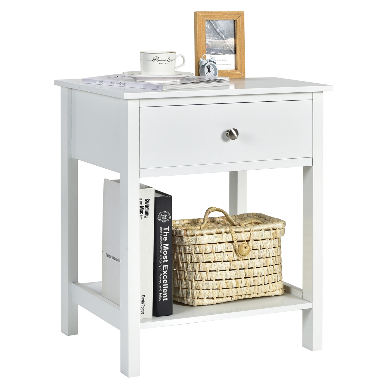 Costway Nightstand with Drawer Storage Shelf Wooden Bedside Sofa Side Table