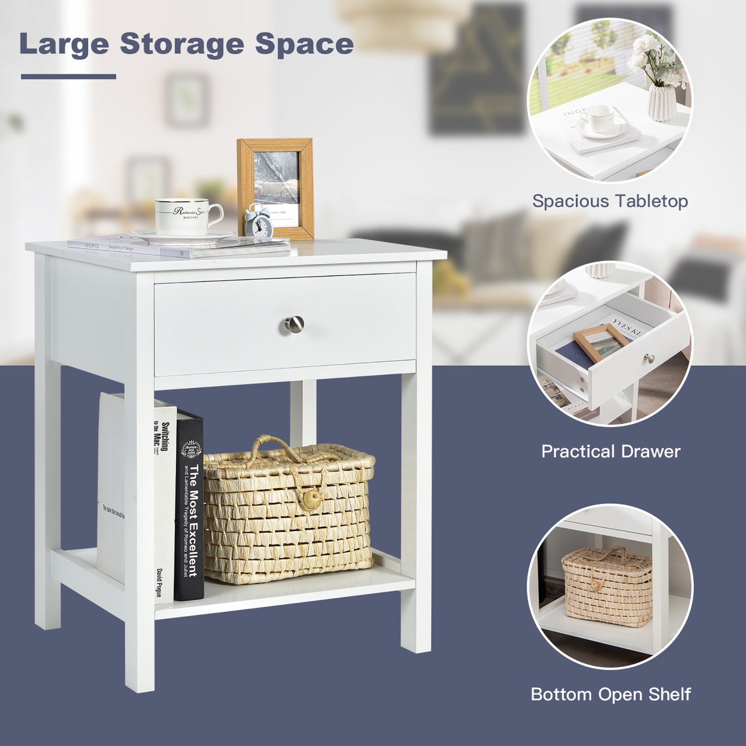 Costway Nightstand with Drawer Storage Shelf Wooden Bedside Sofa Side Table