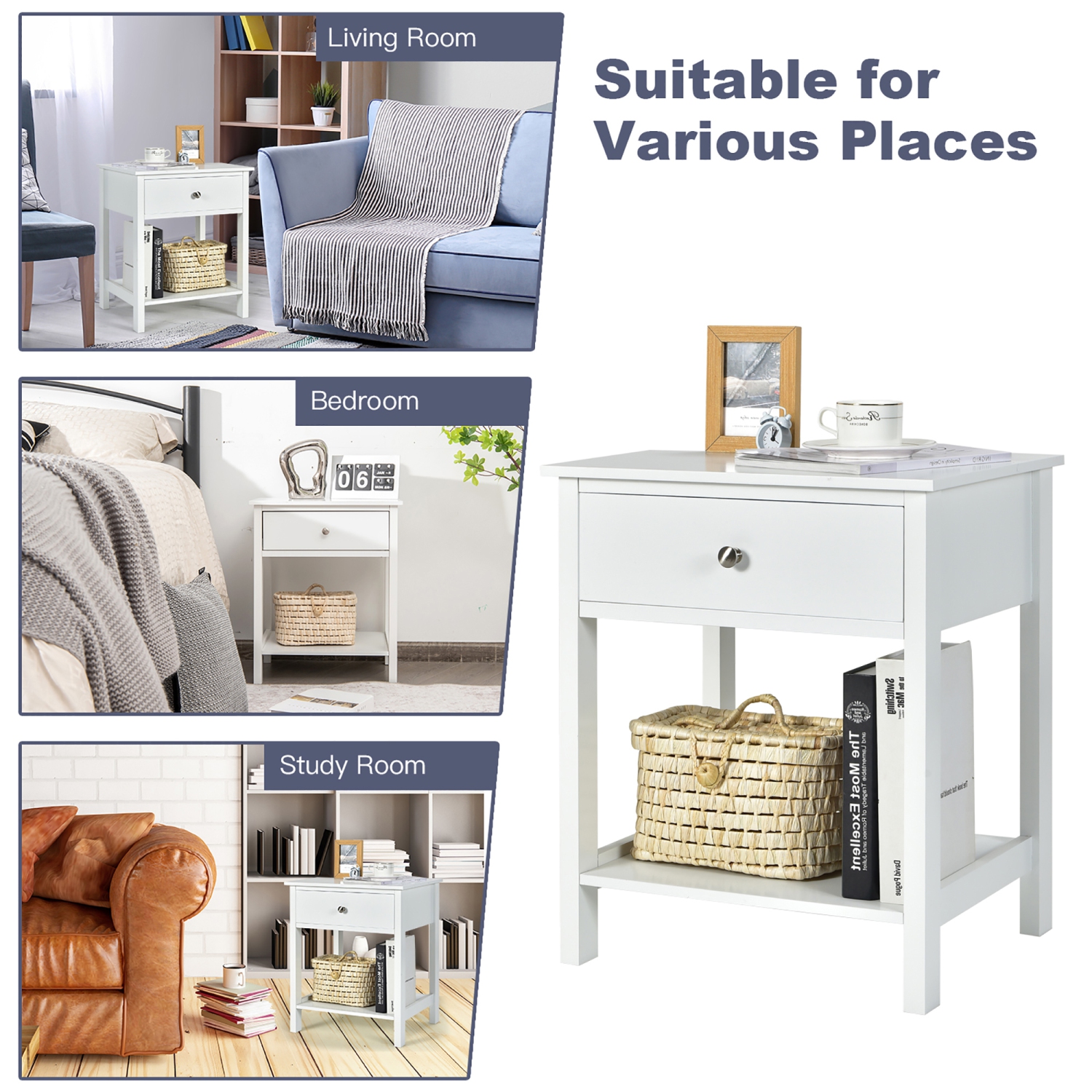 Costway Nightstand with Drawer Storage Shelf Wooden Bedside Sofa Side Table