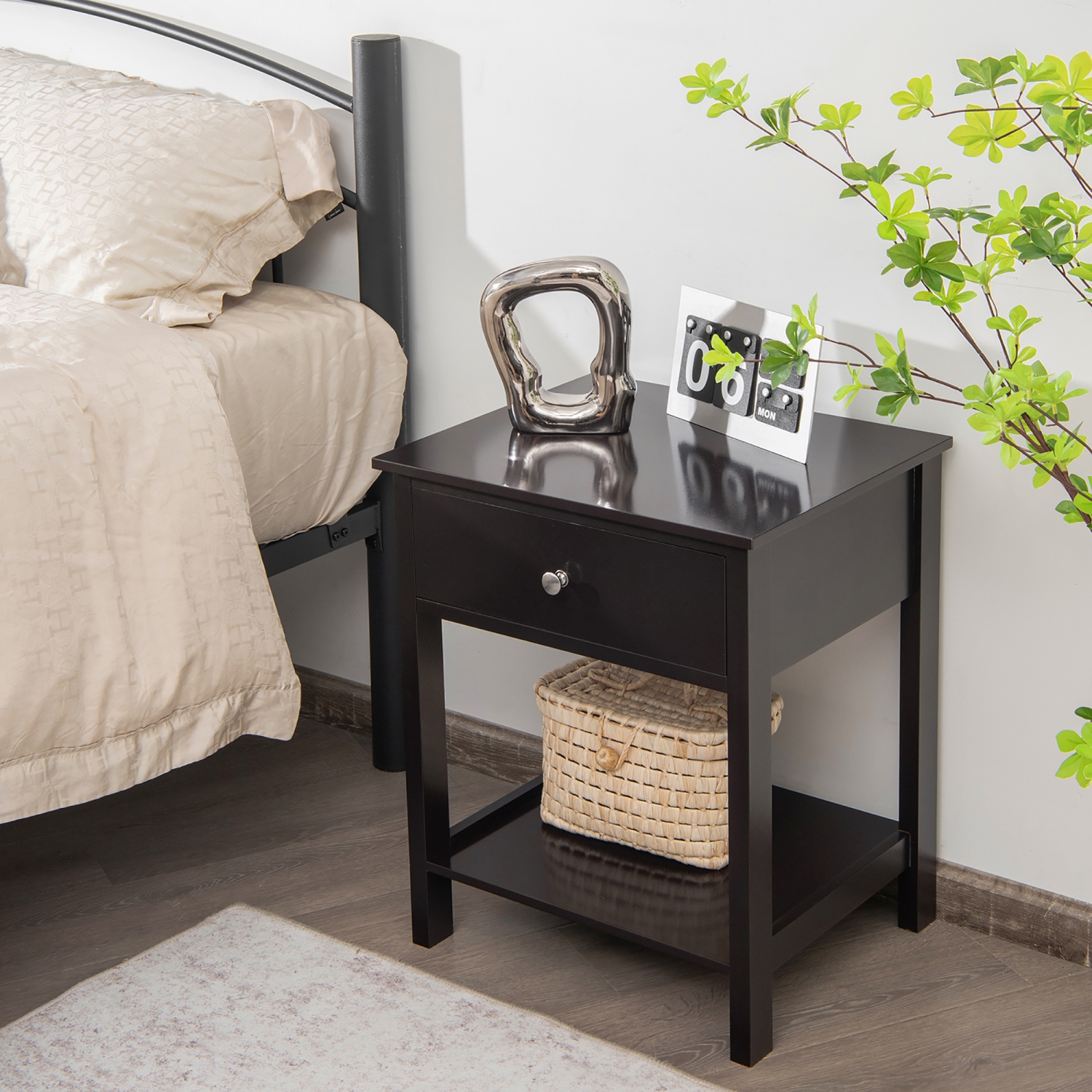 Costway Nightstand with Drawer Storage Shelf Wooden Bedside Sofa Side Table