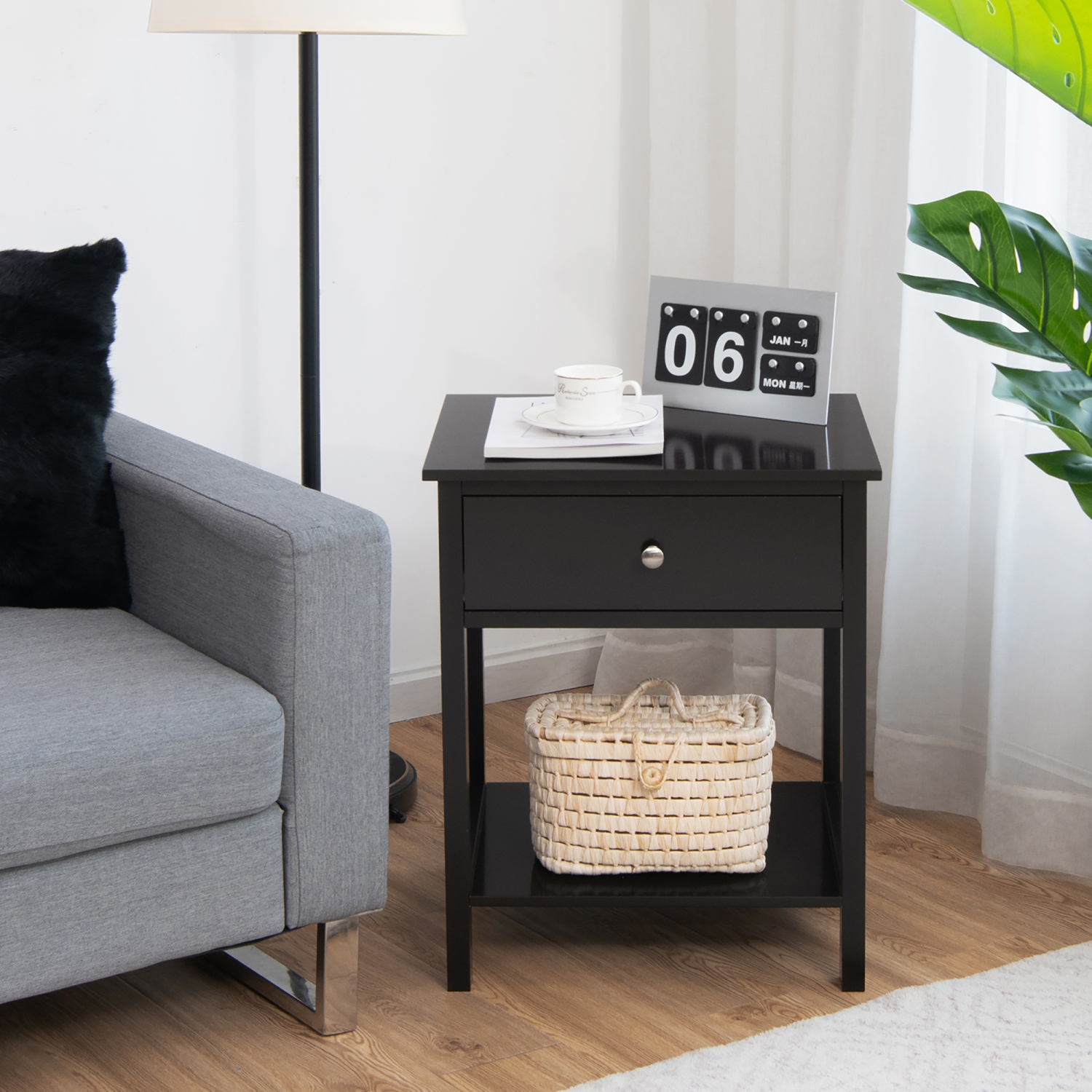 Costway Nightstand with Drawer Storage Shelf Wooden Bedside Sofa Side Table
