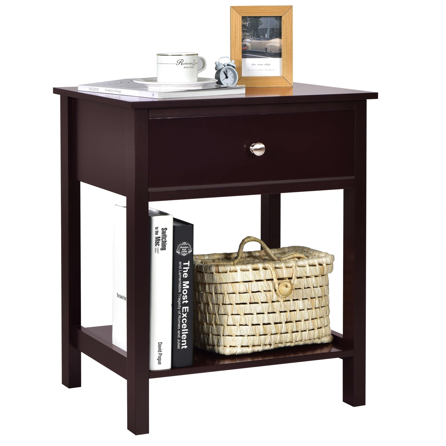 Costway Nightstand with Drawer Storage Shelf Wooden Bedside Sofa Side Table