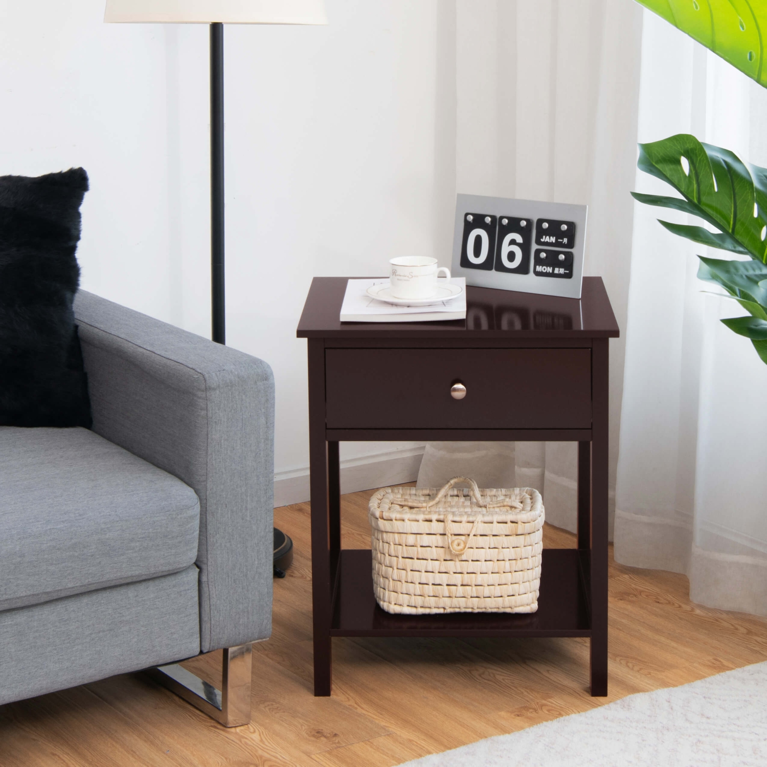 Costway Nightstand with Drawer Storage Shelf Wooden Bedside Sofa Side Table