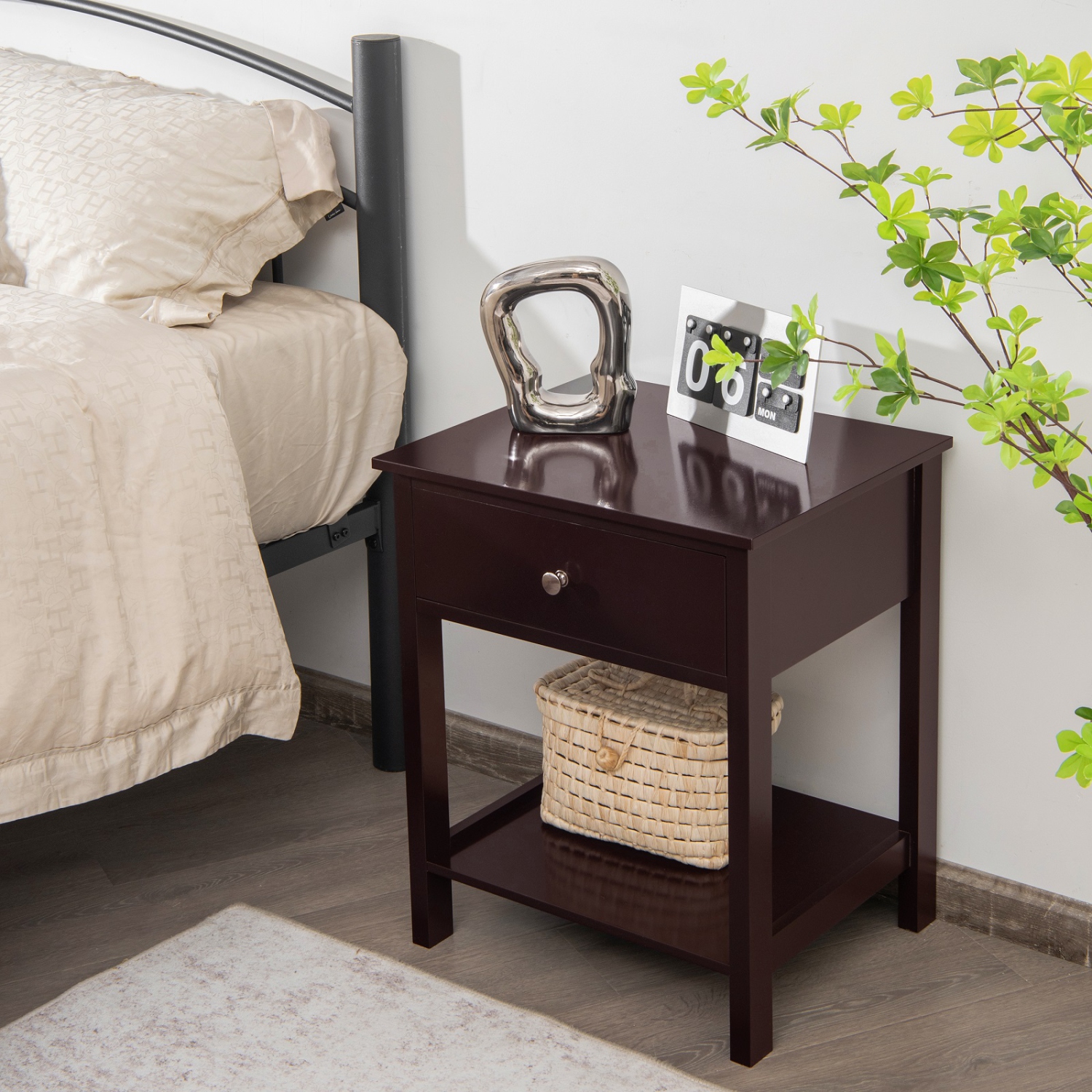 Costway Nightstand with Drawer Storage Shelf Wooden Bedside Sofa Side Table