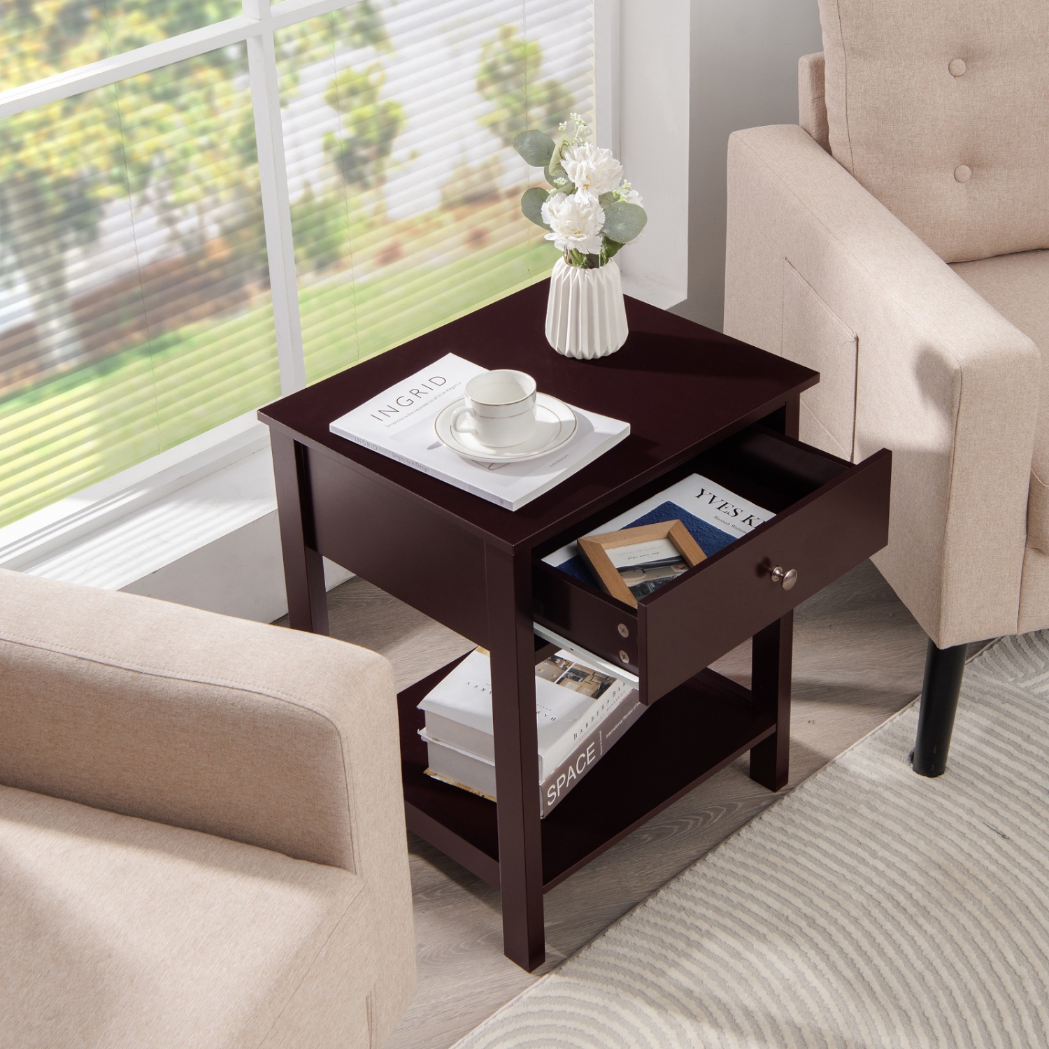 Costway Nightstand with Drawer Storage Shelf Wooden Bedside Sofa Side Table