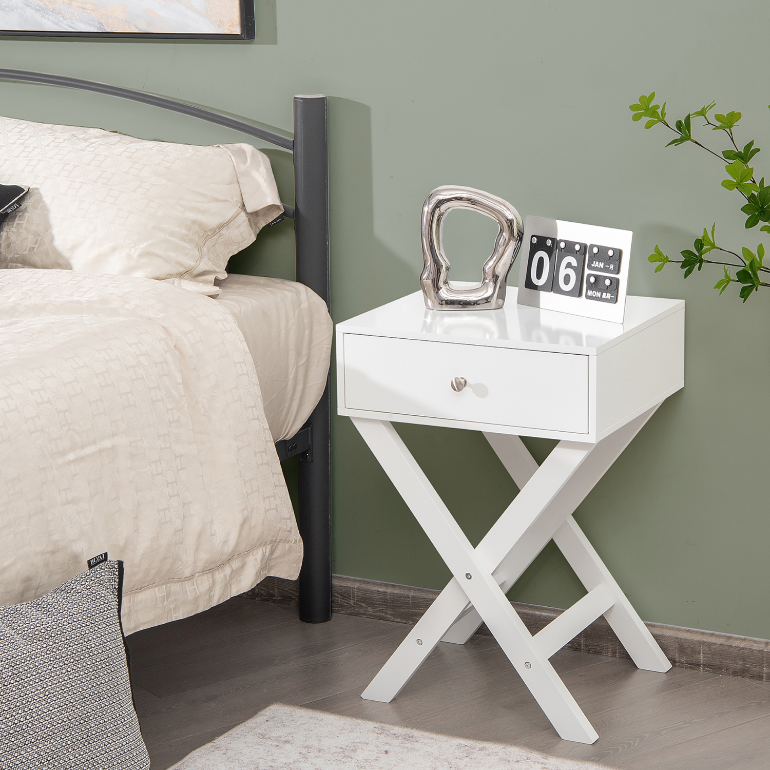 Costway Side Nightstand with Drawer x Shaped Structure Accent Sofa End Table