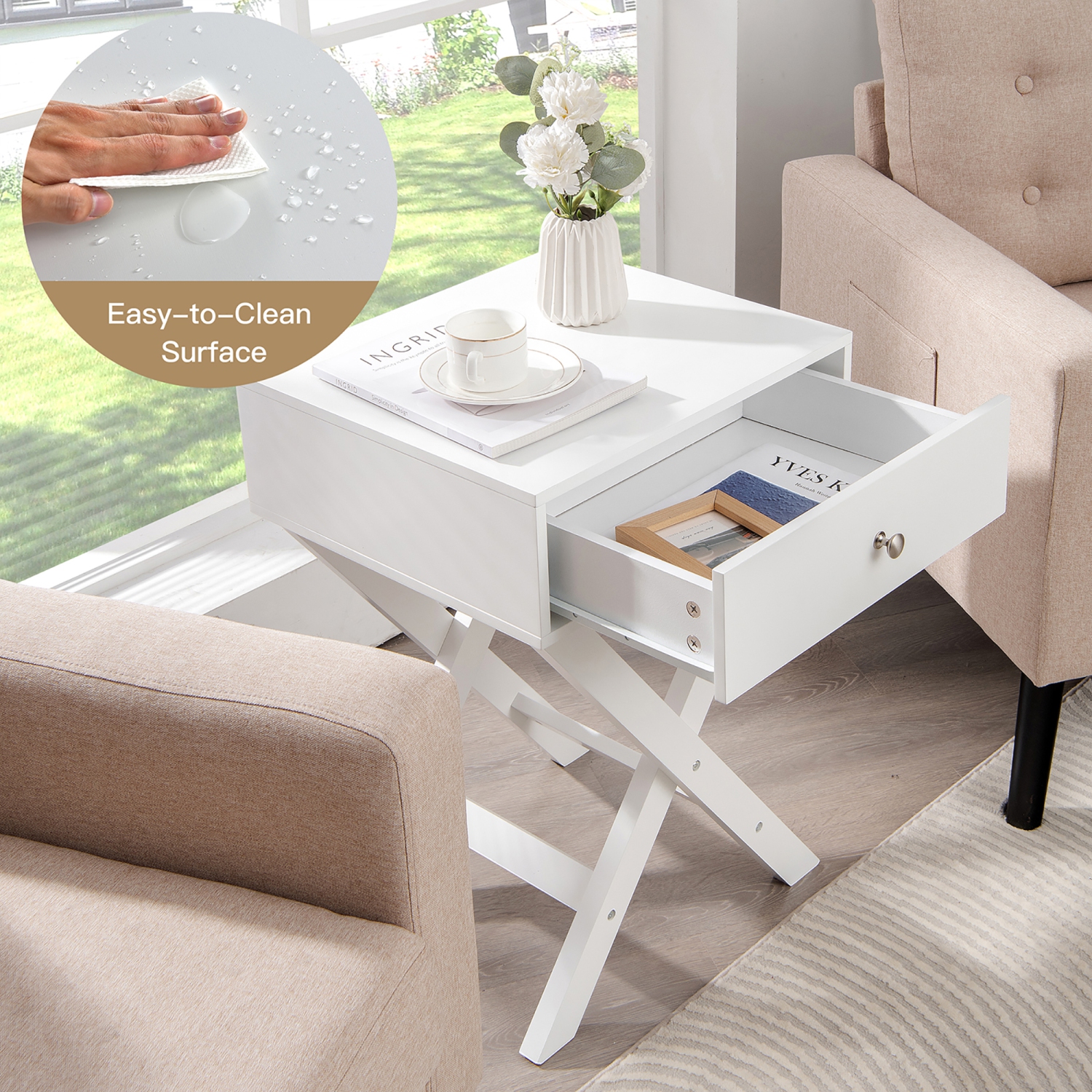 Costway Side Nightstand with Drawer x Shaped Structure Accent Sofa End Table