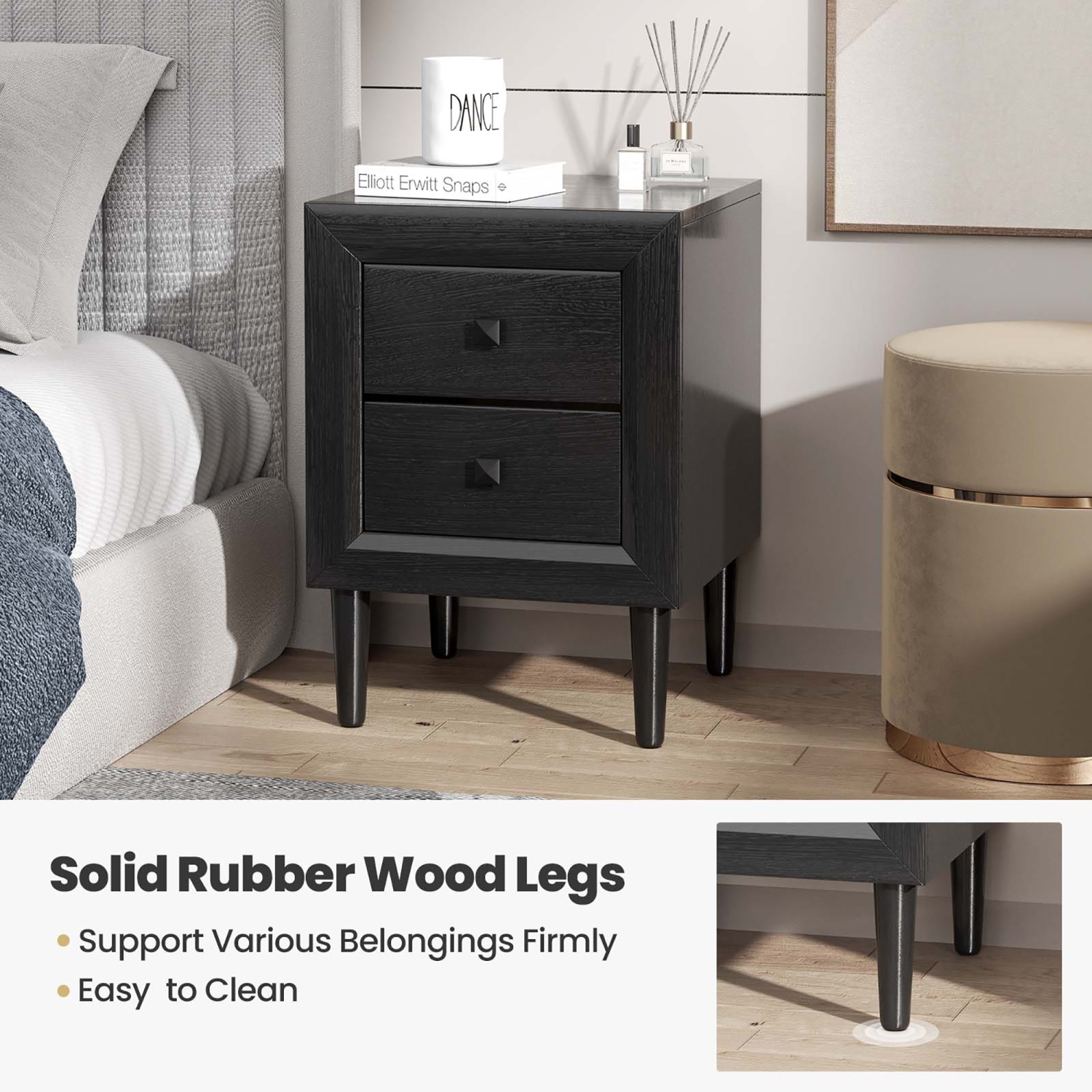 Costway 2 PCS Nightstand End Bedside Coffee Table Wooden Leg Drawers