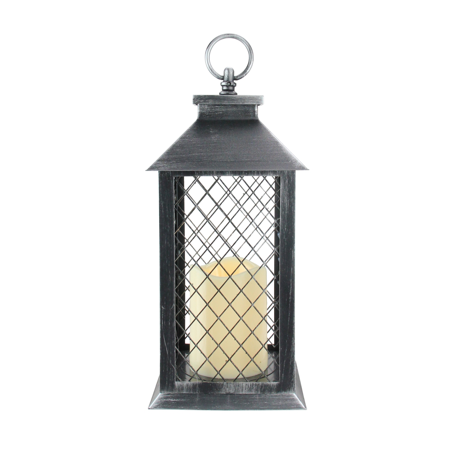 11" Silver Brushed Black Mesh Candle Lantern with Flameless LED Candle