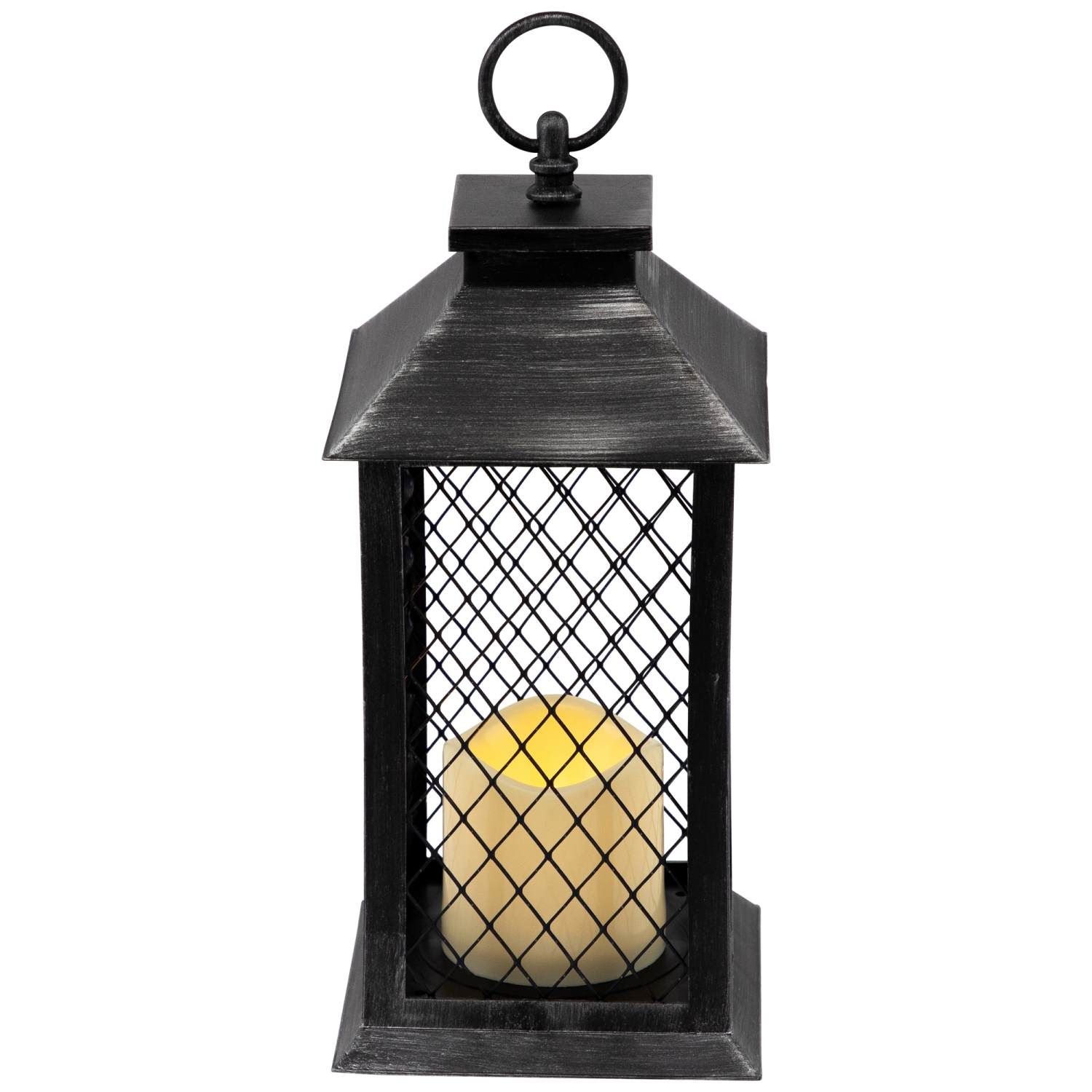 11" Silver Brushed Black Mesh Candle Lantern with Flameless LED Candle