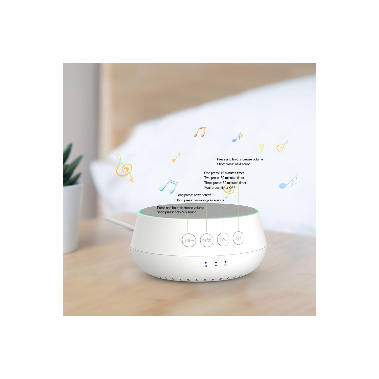 Sound Box Chargeur sans fil Instrument de sommeil avec 25 sons naturels apaisants, 3 minuterie et fonction de mémoire