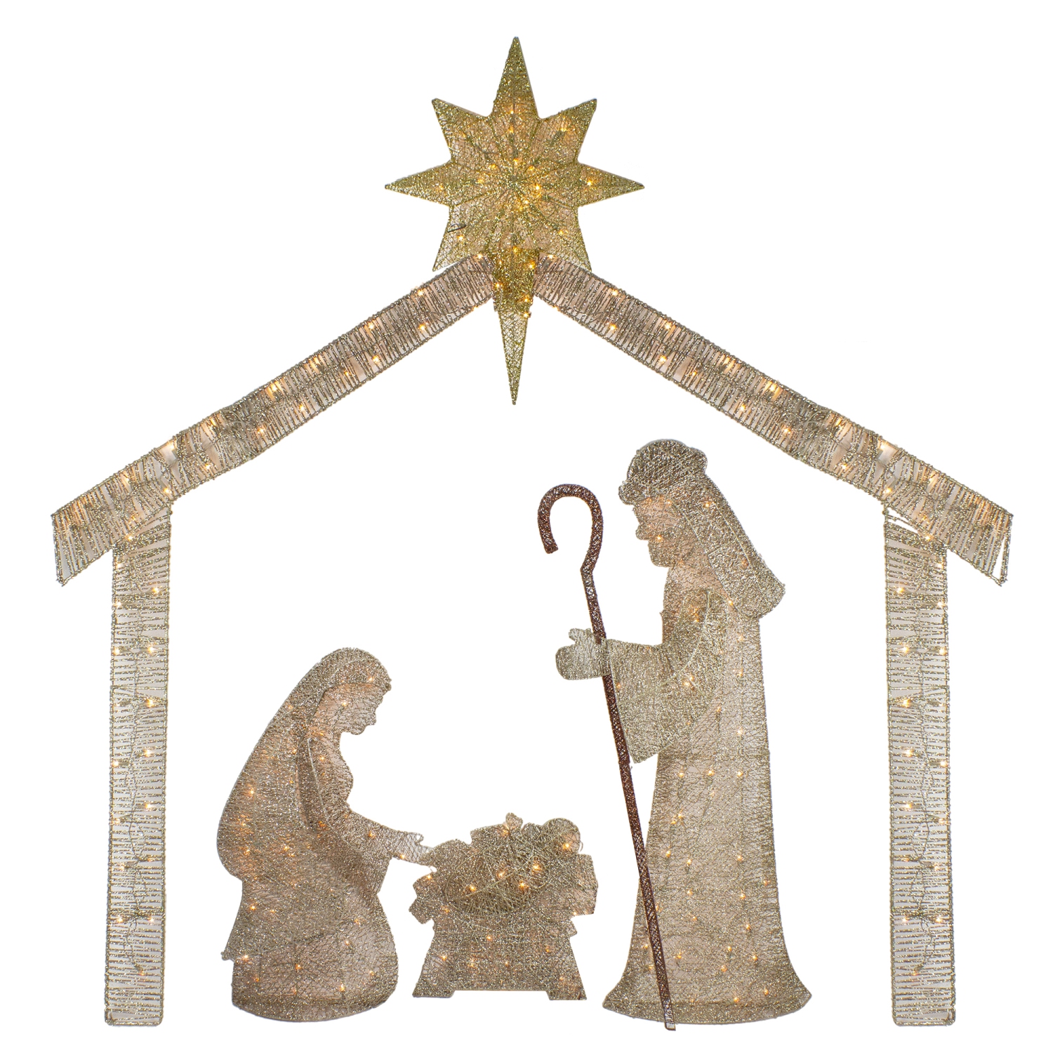 69.5" Pre-Lit Beige and Gold LED Lighted Holy Family Nativity Outdoor Christmas Decor