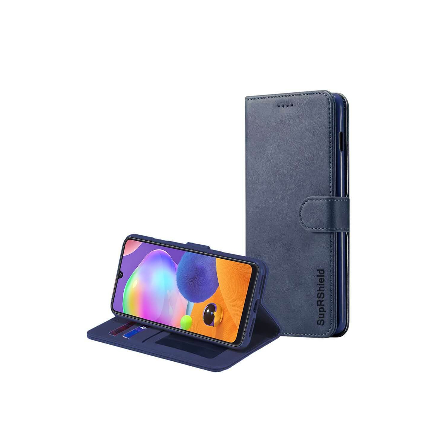 Samsung Galaxy A31 Navy Blue Genuine SupRShield Wallet Leather Flip Stand Magnetic Case Cover