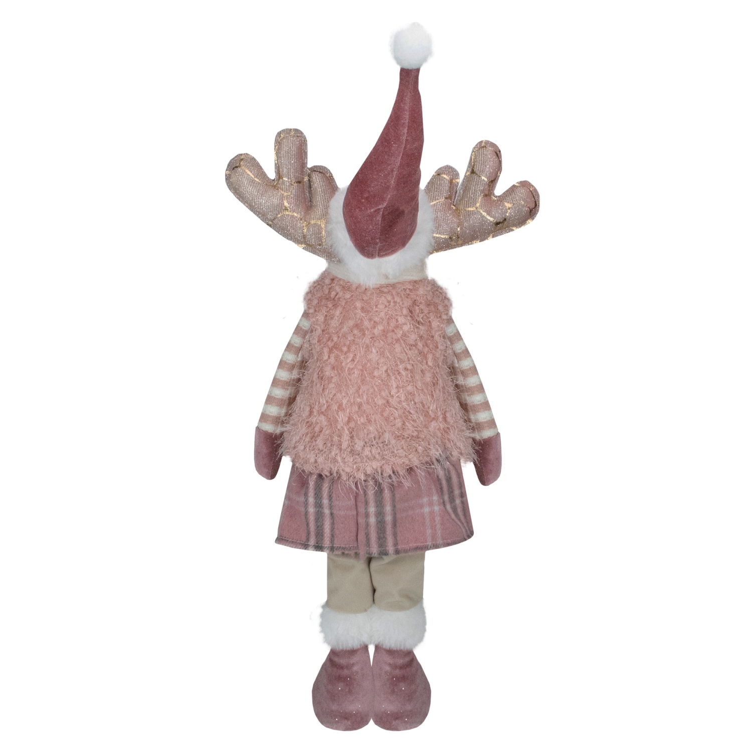 Figurine de Noël de fille debout avec orignal, rose et beige, 26 po
