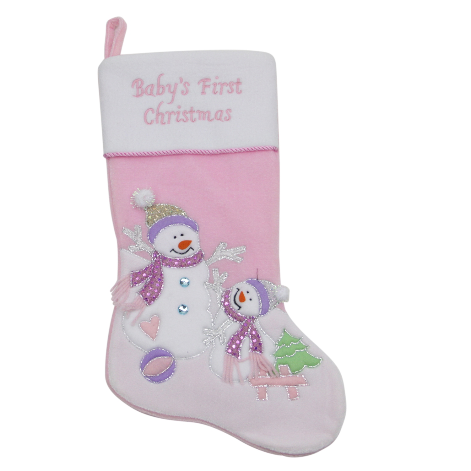 Bas de Noël rose pâle en velours Baby’s First Christmas de 21 po pour bonhomme de neige