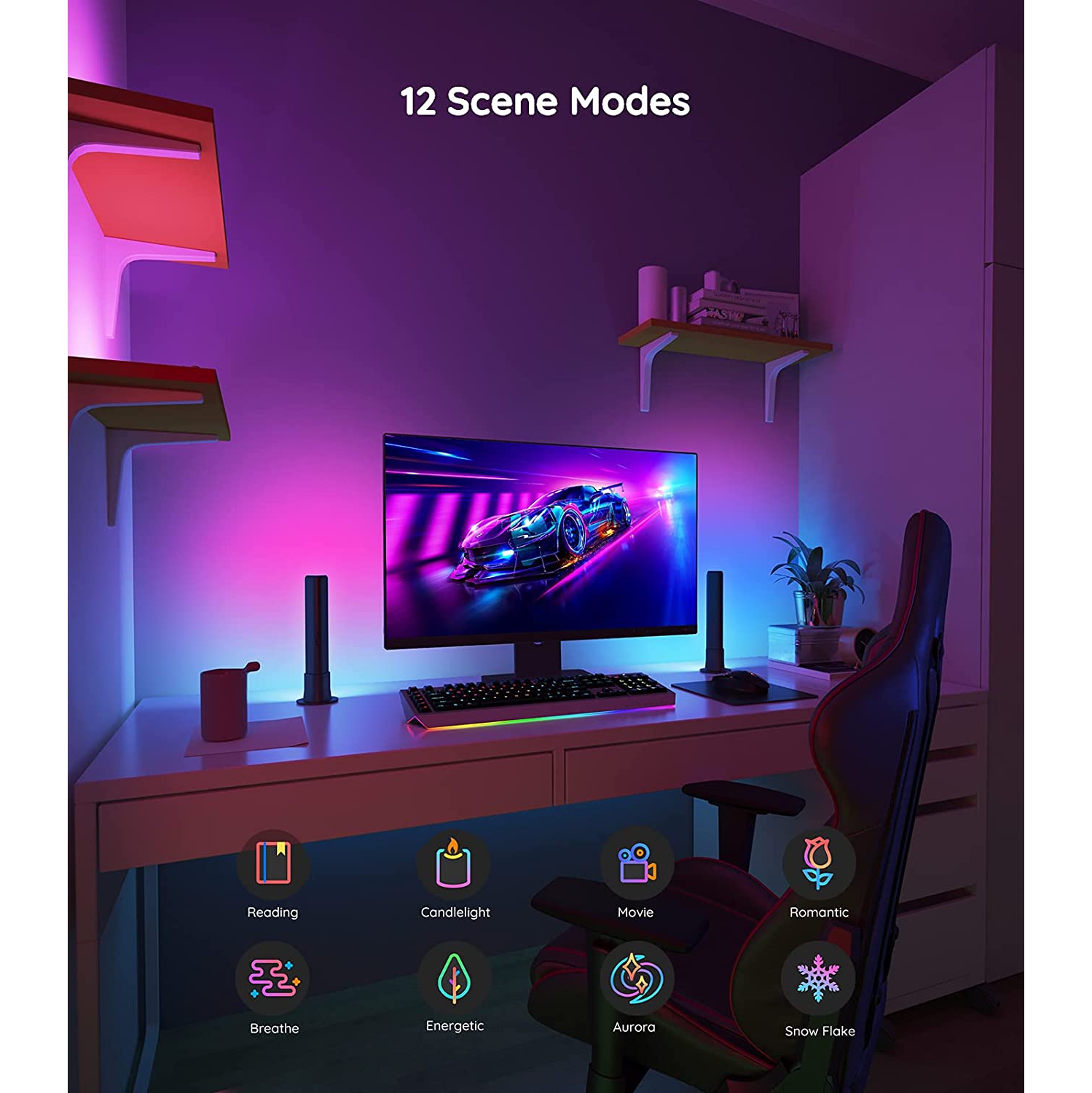 RGBICWW Barres lumineuses intelligentes LED avec 12 modes de scène et de musique, barre lumineuse Bluetooth pour divertissement, PC, TV, décoration