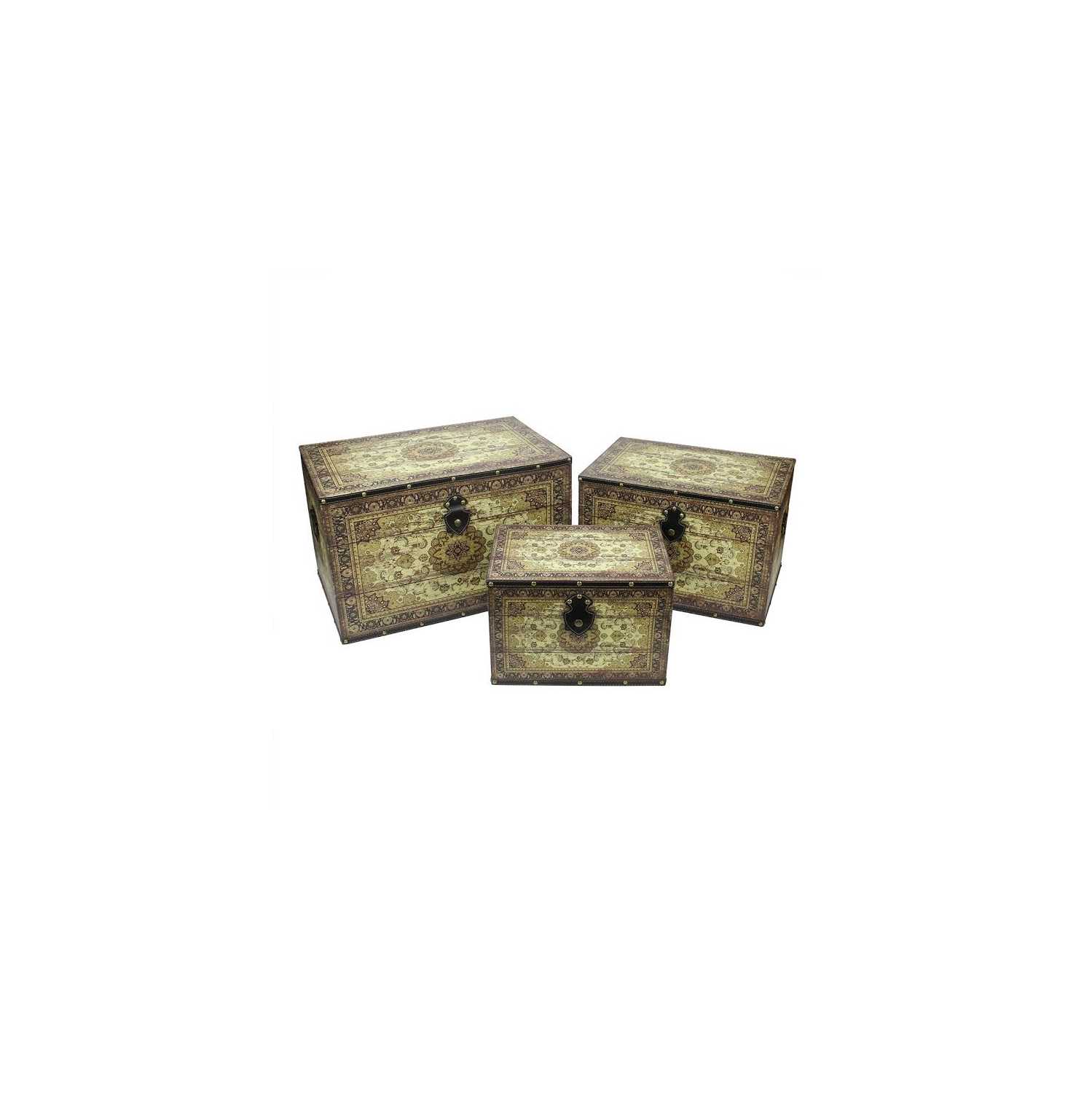 Set of 3 Oriental-Style Brown and Cream Earth Tone Decorative Wooden Storage Boxes 22"