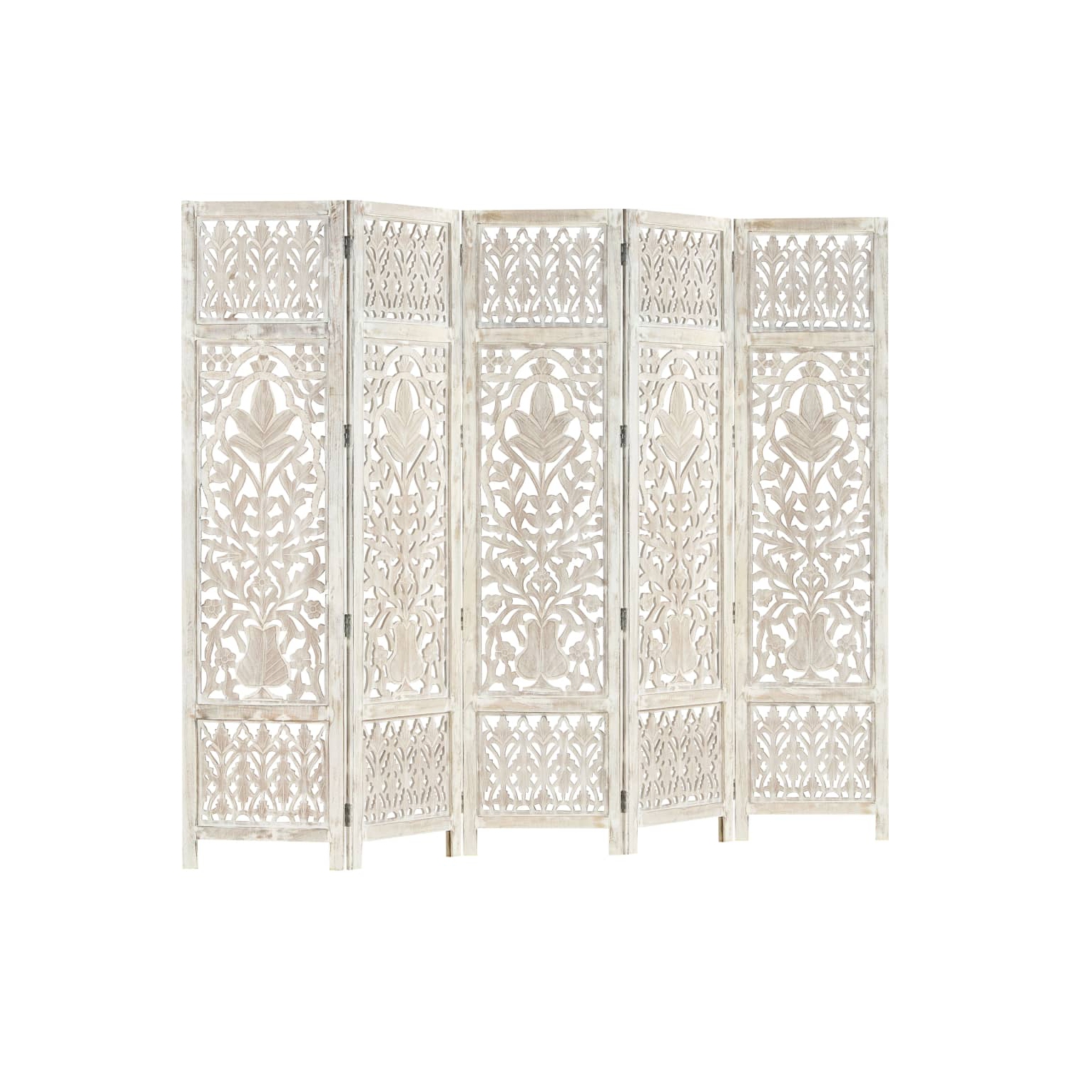 vidaXL Hand carved 5-Panel Room Divider White 78.7"x65" Solid Mango Wood